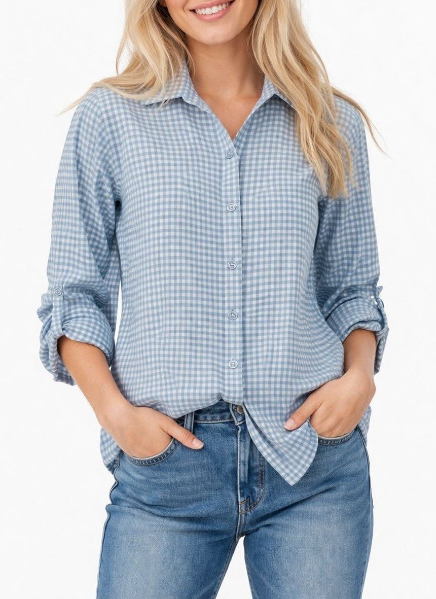 Hemdbluse Damen Bluse kariert aus Baumwolle – Hemdbluse mit 3/4-Arm Gr. 36-40