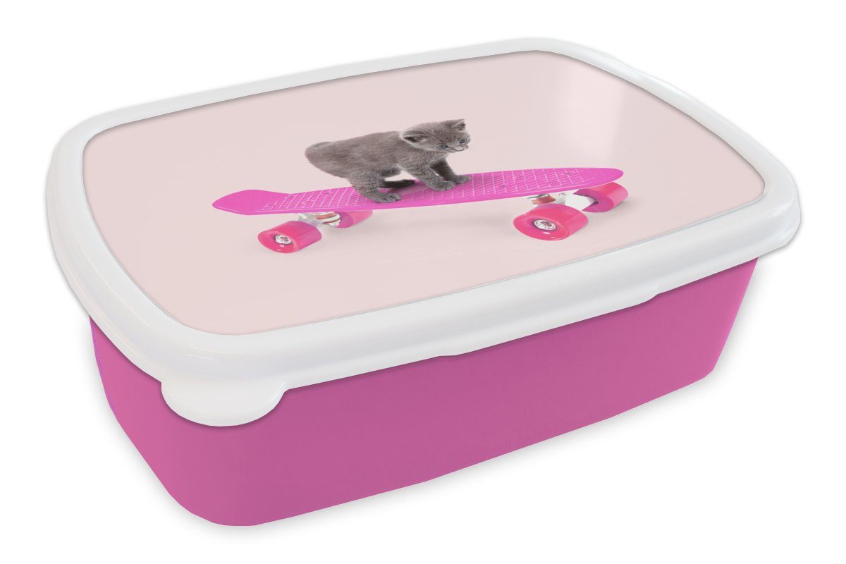 MuchoWow Lunchbox Katze - Kätzchen - Tiere - Skateboard - Rosa, Kunststoff, (2-tlg), Brotbox für Erwachsene, Brotdose Kinder, Snackbox, Mädchen, Kunststoff | Lunchboxen