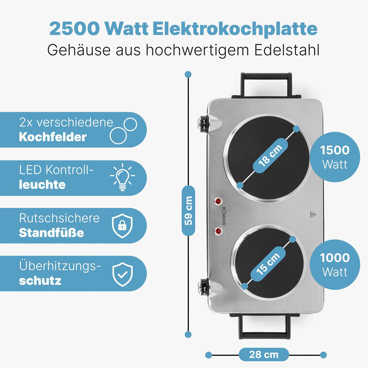 BOMANN Doppelkochplatte DKP 5033 E CB, 2500W, Cool Touch-Griffen, Edelstahlgehäuse