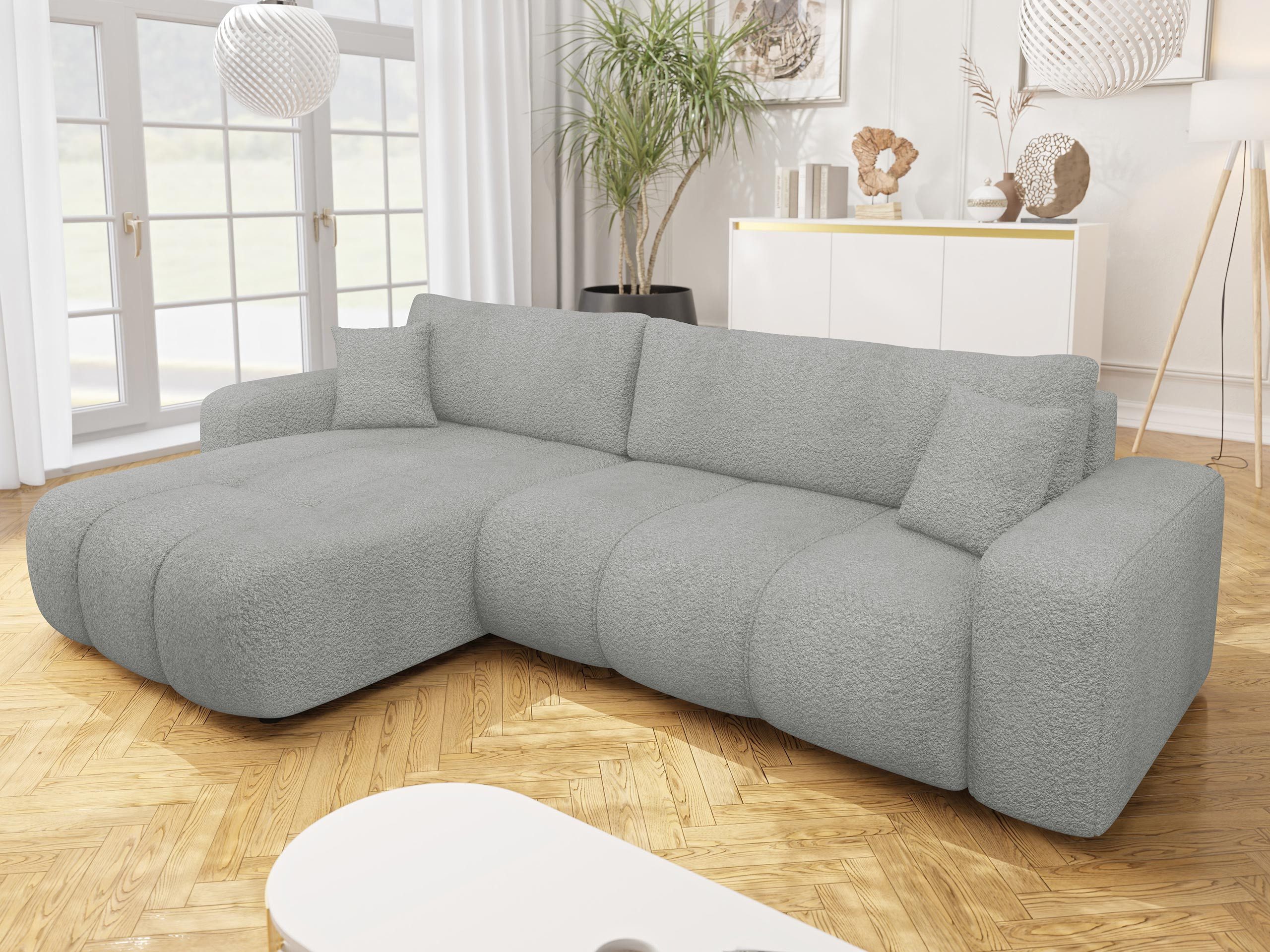 MIRJAN24 Ecksofa Fetrinu Maxi Boucle, mit Schlaffunktion und Bettkasten, 274x145x82 cm, zwei Dekokissen