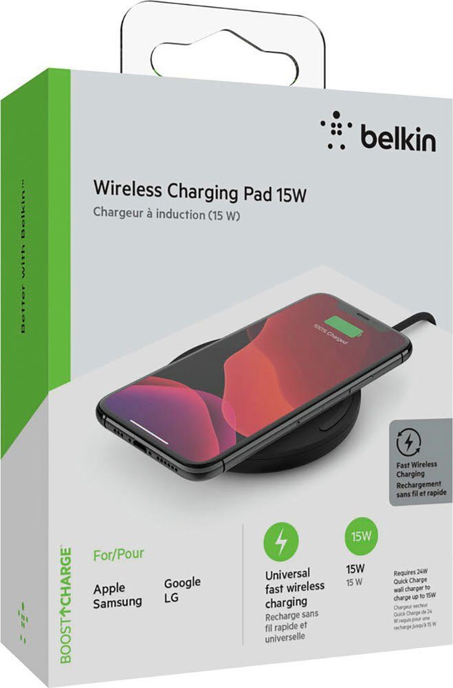 Belkin BOOST CHARGE Wireless Charging Pad 15W ohne Netzteil USB-Ladegerät  (kabellose Ladestation für Apple Samsung Google LG)