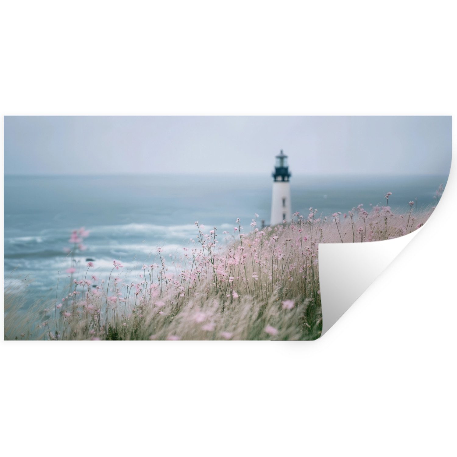MuchoWow Wandsticker Leuchtturm - Klippe - Meer - Blumen (1 St), Sticker für die Wohnzimmer und Schlafzimmer, 120x60 cm