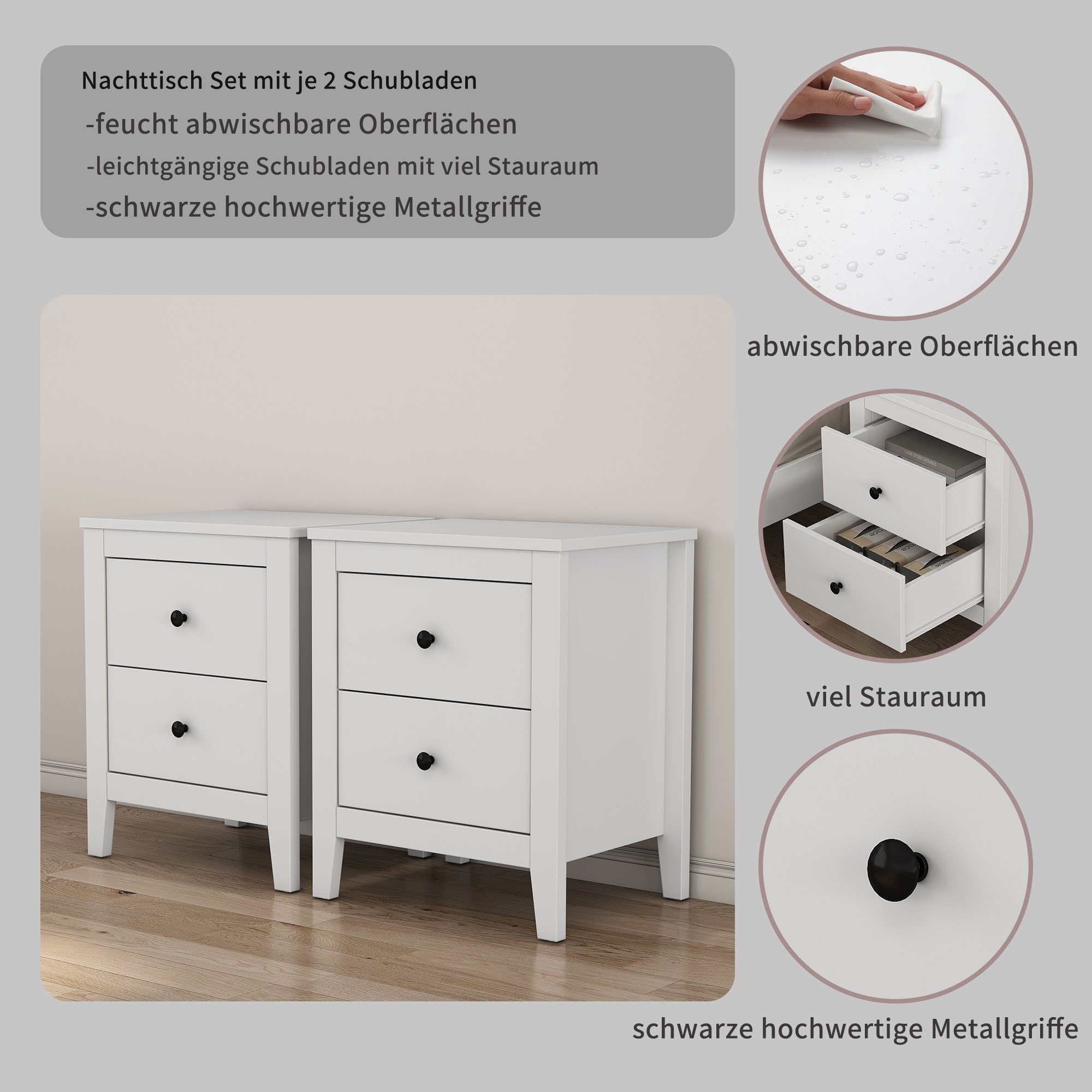 OTTO home Nachtkommode Borkum Sideboard Anrichte mit 6 Schubladen Landhaus weiß (Set, 2 Schränke im Set, schwarze Griffe aus Metall), Nachttisch Set mit je 2 Schubladen, Beistelltisch