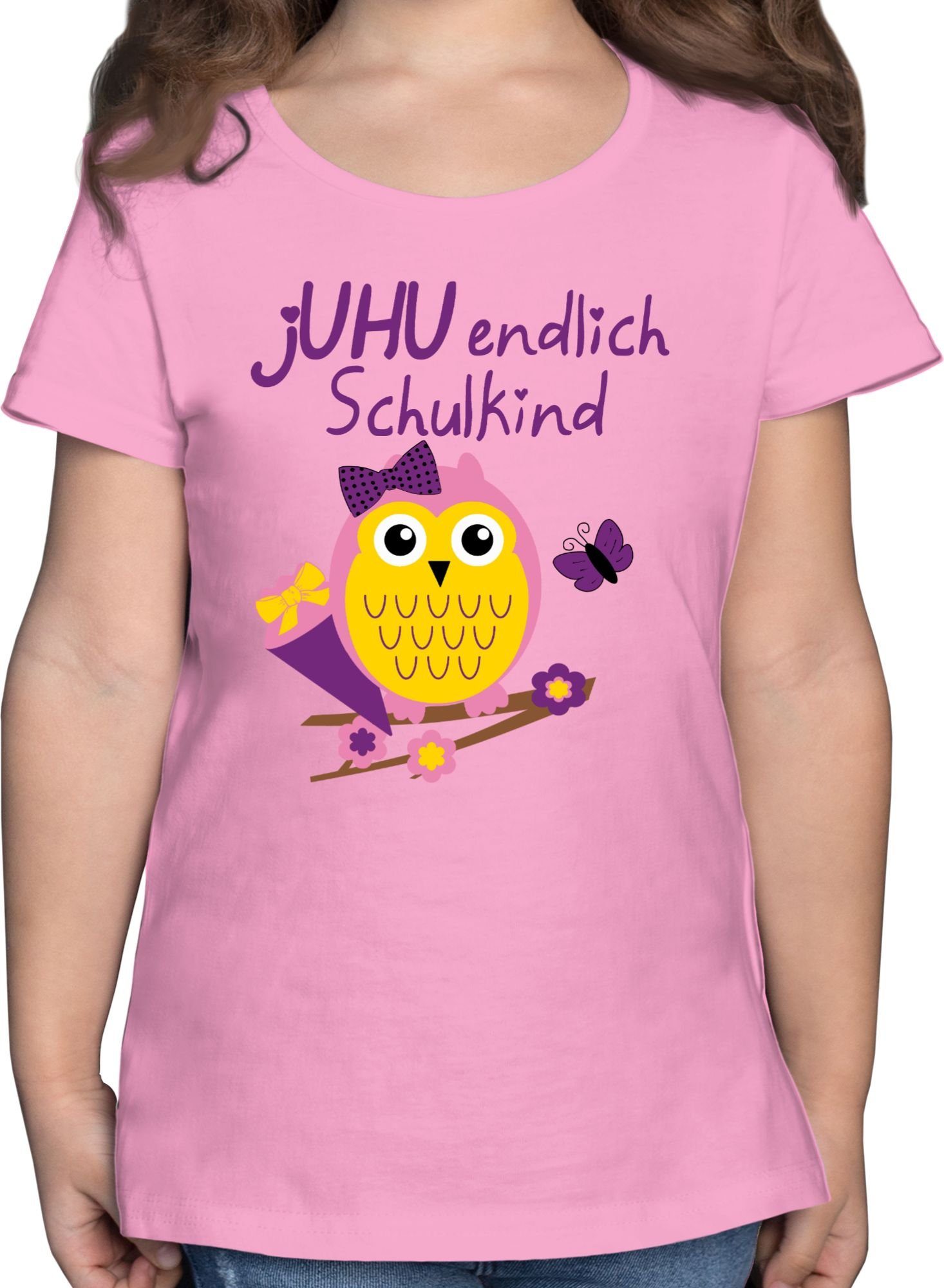 Shirtracer T-Shirt jUHU endlich Schulkind Eule Schultüte Einschulung Mädchen 1 Rosa