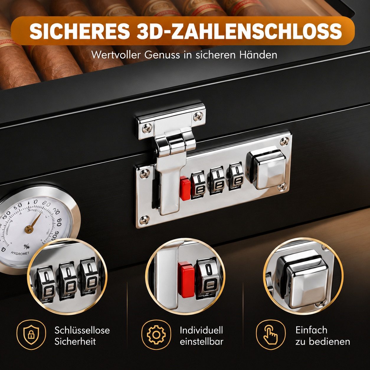 LEMLIT Humidor Zigarren Humidor Zedernholz Mit Hygrometer, Zahlenschloss, Schwarz, Mit Glasfenster, Trennwand Und Zubehörschublade – Bild 5 von 5