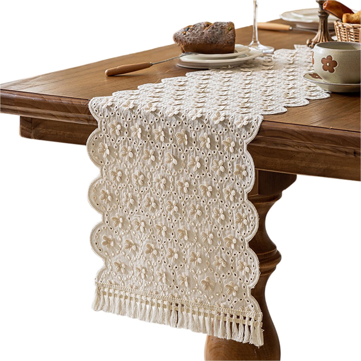 Refttenw Tischläufer Mode Blumen boho Tischläufer,Dreidimensionale Blumen,mit Quasten