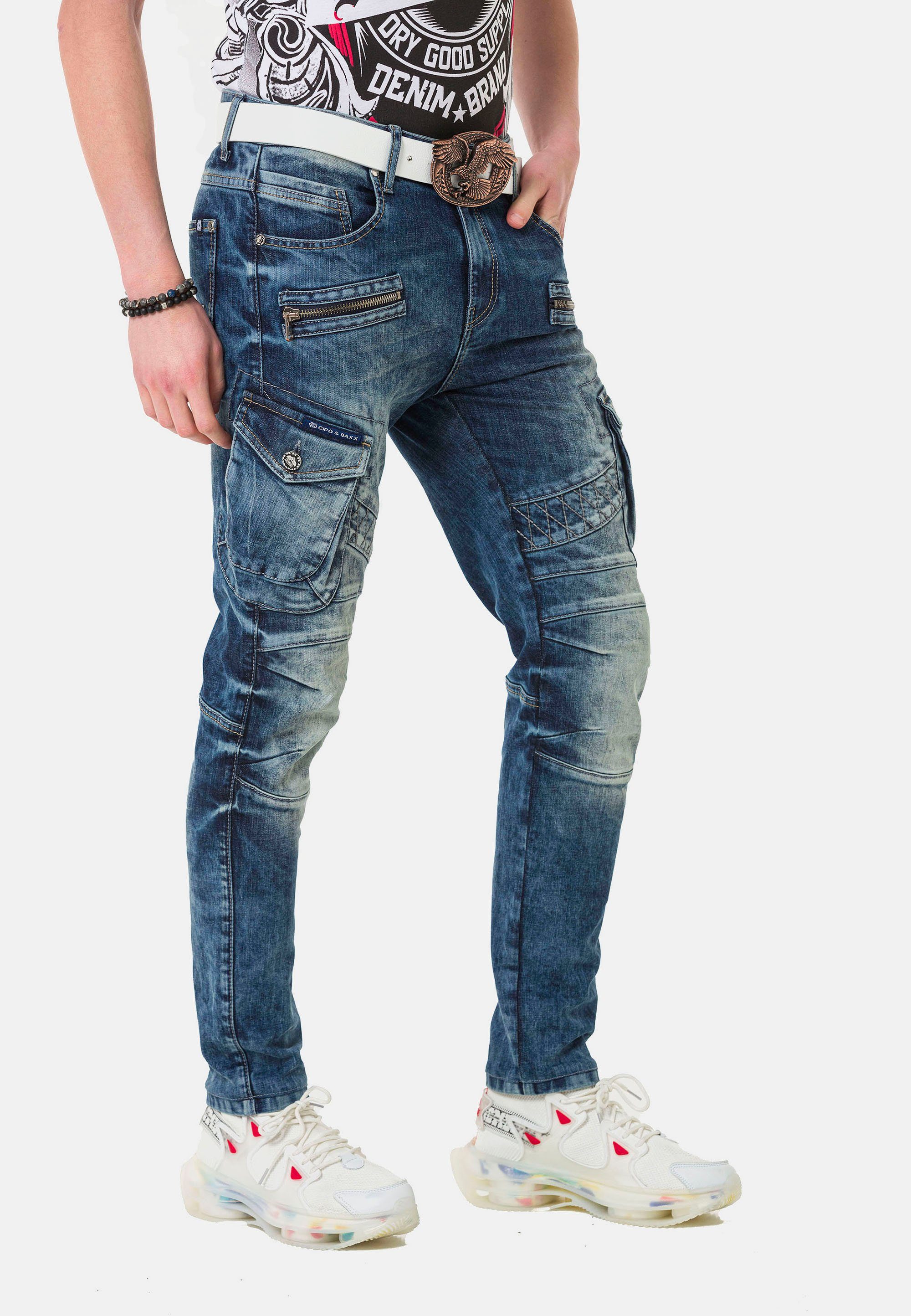 Cipo & trendigen mit Baxx Cargotaschen blau Straight-Jeans