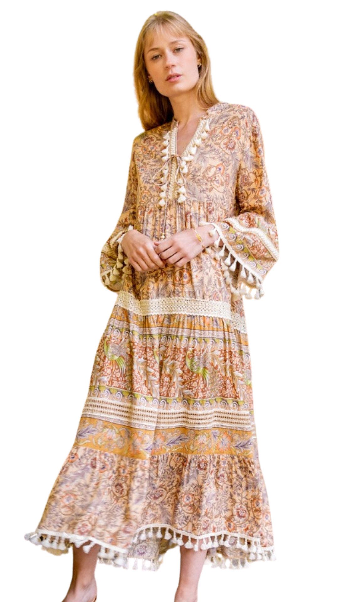 Charis Moda Sommerkleid Langes Kleid im Bohème-Print mit Pompons und Spitze