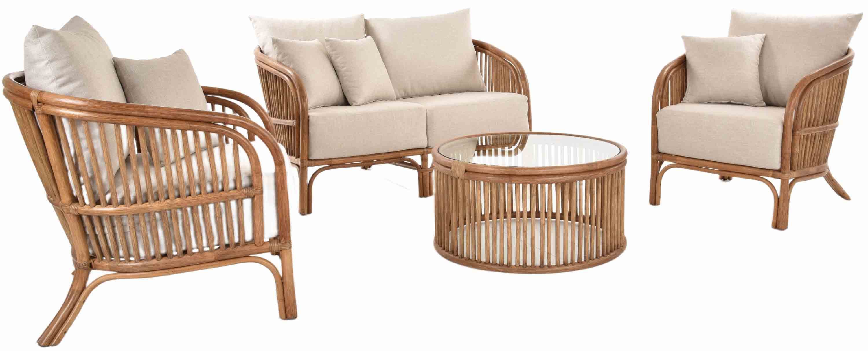 Krines Home Sitzgruppe Set/4 Rattangruppe Finoo 4-teiliges Gartenmöbel Set, Rattan Sitzgruppe, (4-tlg), mit Sofa, Sesseln und Glastisch