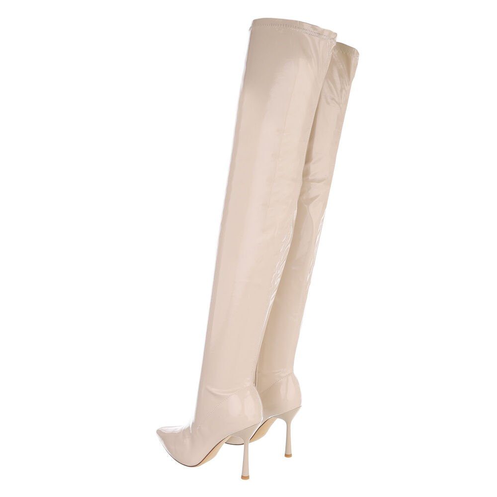 Ital-Design Damen Abendschuhe Party & Clubwear Overkneestiefel (85081032) Pfennig-/Stilettoabsatz High-Heel Stiefel in Beige
