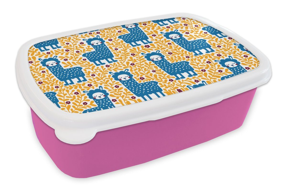 MuchoWow Lunchbox Mädchen - Lama - Pflanzen - Schnittmuster - Mädchen - Kinder - Mädchen, Kunststoff, (2-tlg), Brotbox für Erwachsene, Brotdose Kinder, Snackbox, Mädchen, Kunststoff rosa