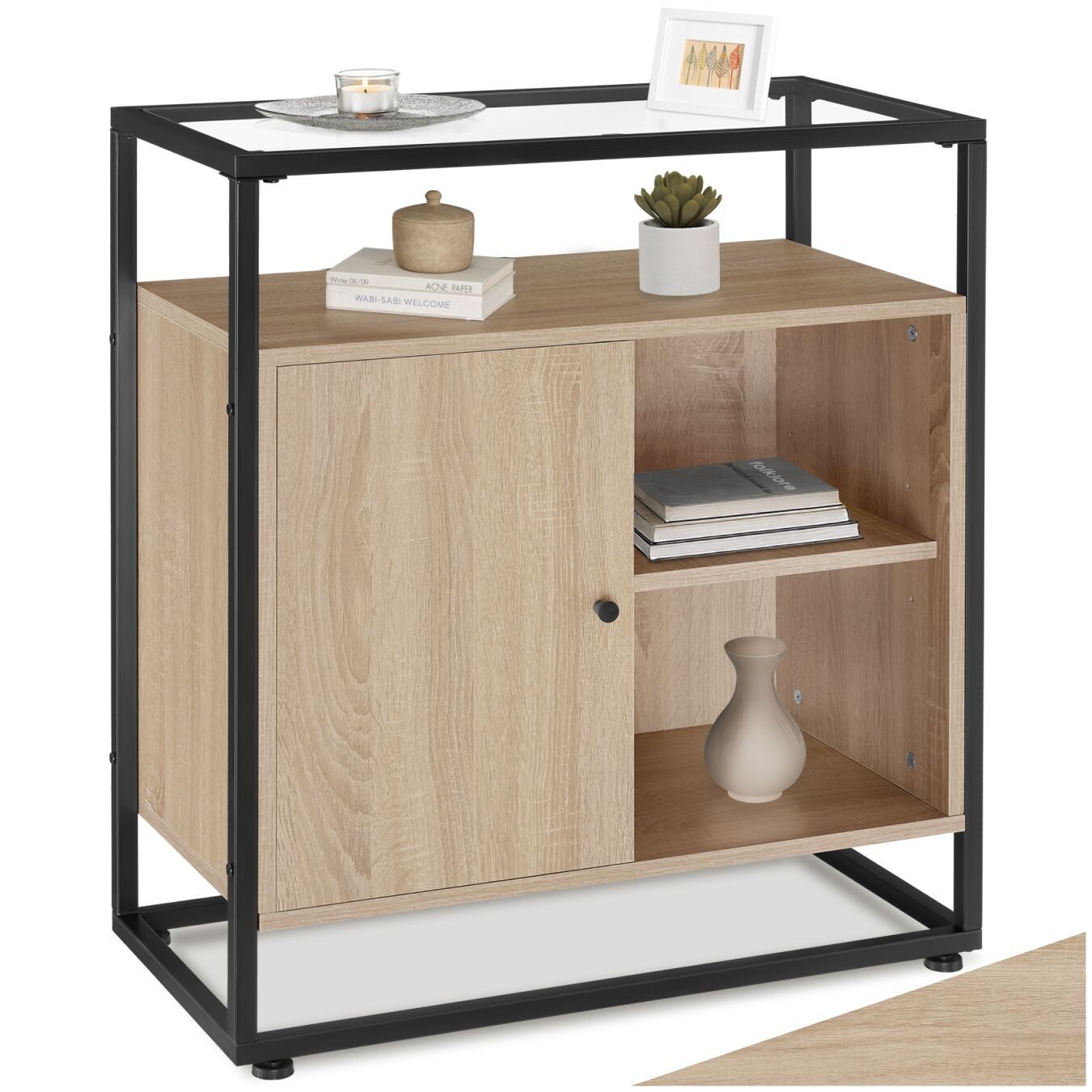 tectake Sideboard Kommode, 70 x 38 x 80,5 cm Holz und Stahl, Glasplatte (Konsole Conventry, in Industrial Holz hell, Eiche Sonoma), offenes Fach, Staufach mit Magnettür und 2 Einlegeböden