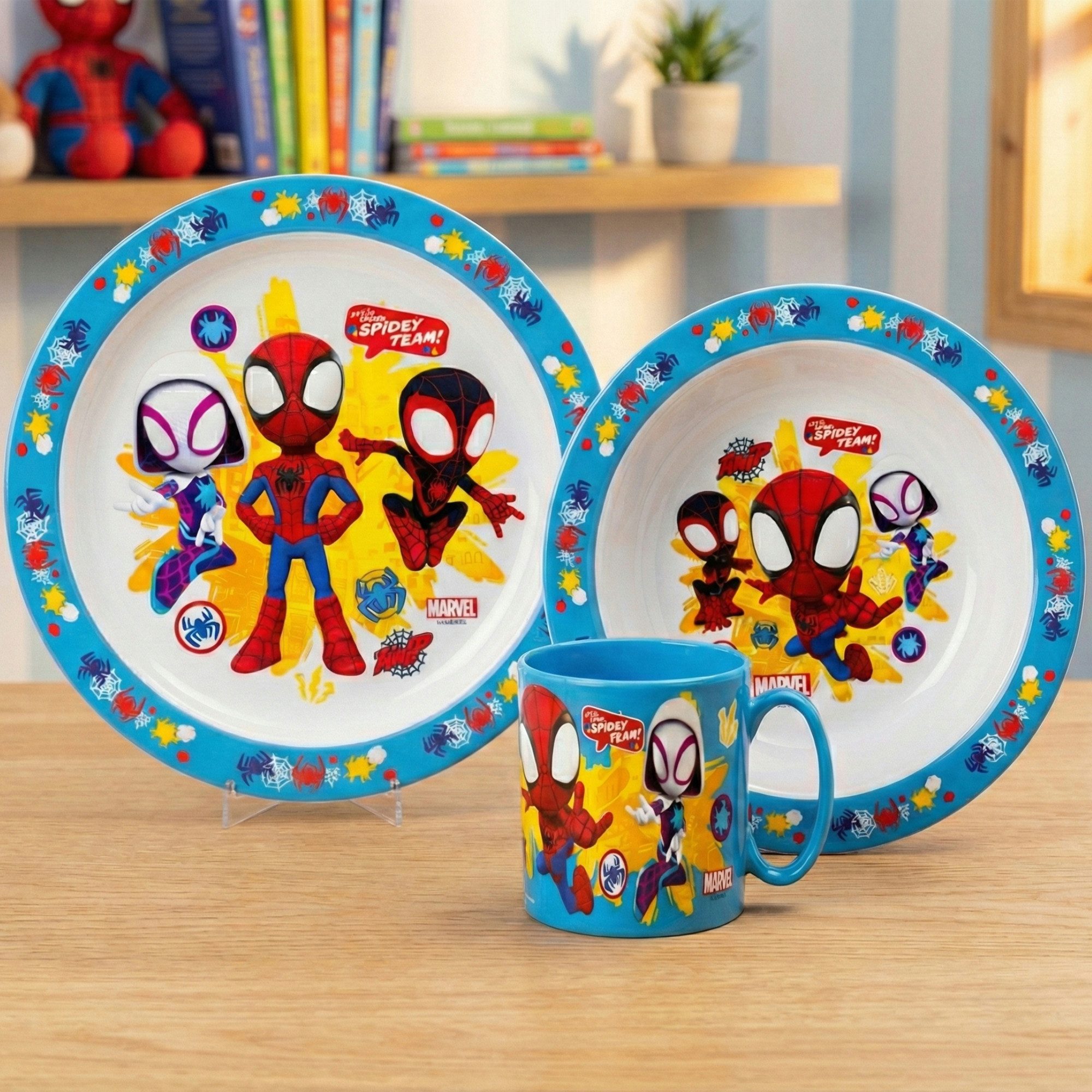 Spiderman Kindergeschirr-Set Spidey und seine Freunde Kinder Frühstücksset (3-tlg), 1 Personen, Kuststoff, Teller Schüssel Becher