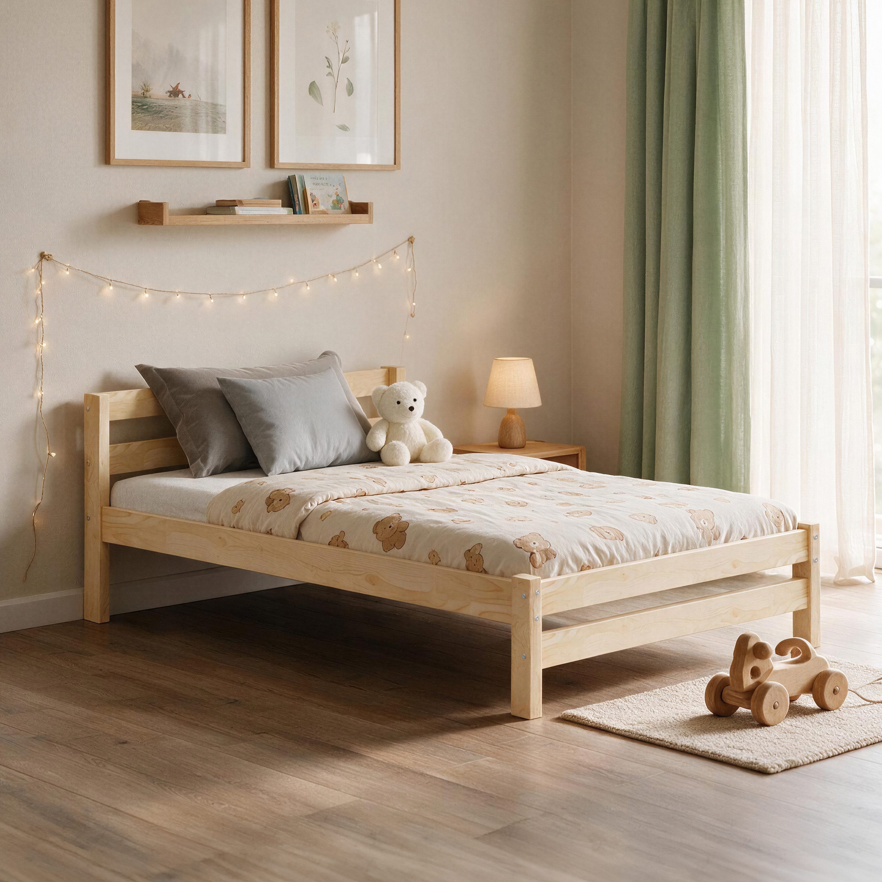 CADANI Kinderbett MIKA Jugendbett bis 200 kg belastbar inkl. Roll-Lattenrost (90x200 cm, Natur), Bis 200 kg belastbar, Roll-Lattenrost inklusive