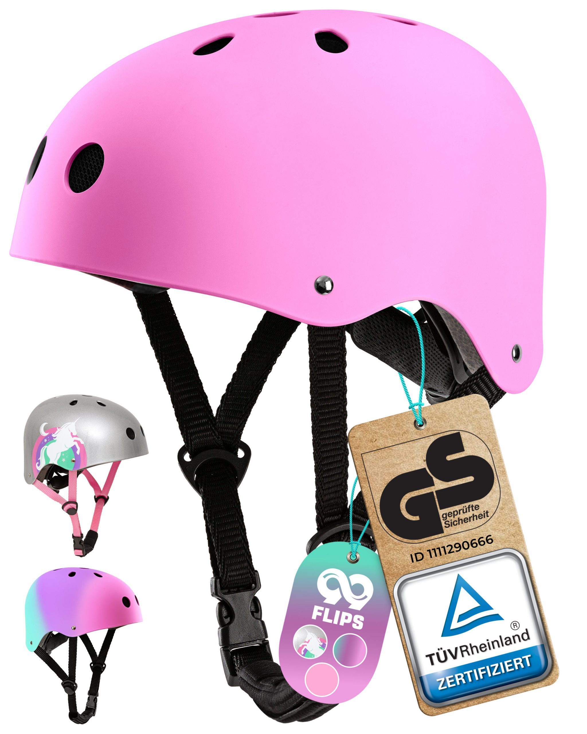 99FLIPS Fahrradhelm Mädchen ab 3 Jahre Skateboard Helm Kinder Einhorn Design, Kinderhelm Inliner Fahrrad Helm Pink Kleinkinder Schlittschuhe