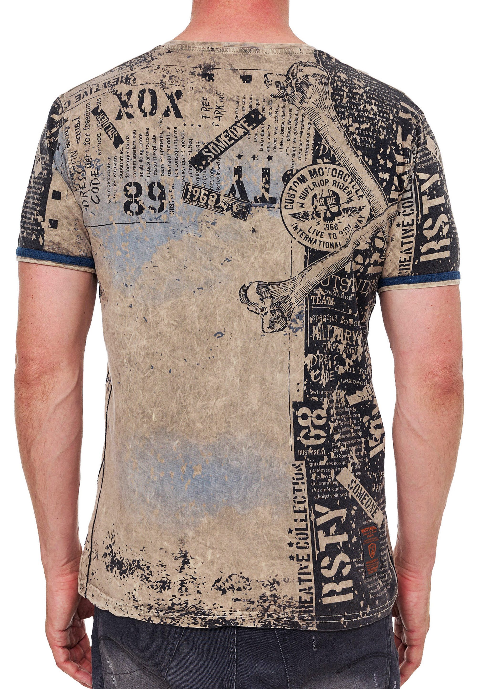 R-NEAL T-Shirt Designer Herren T-Shirt Verwaschen All Over Skull Print Rocker Shirt