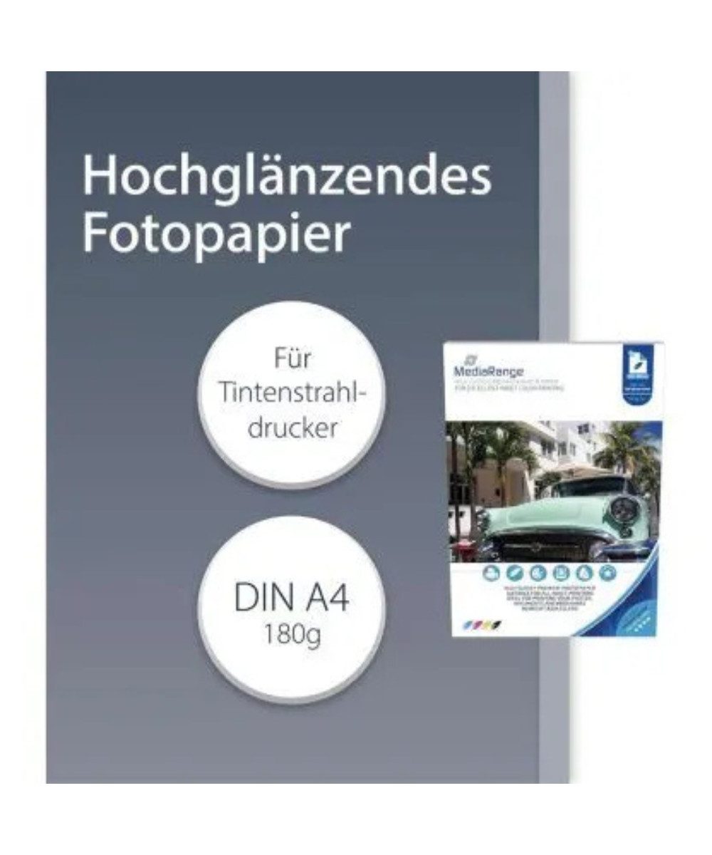 Mediarange Fotopapier MediaRange Fotopapier – A4, hochglänzend, 180 g/m², 50 Blatt, Trocknung: sofort trocken