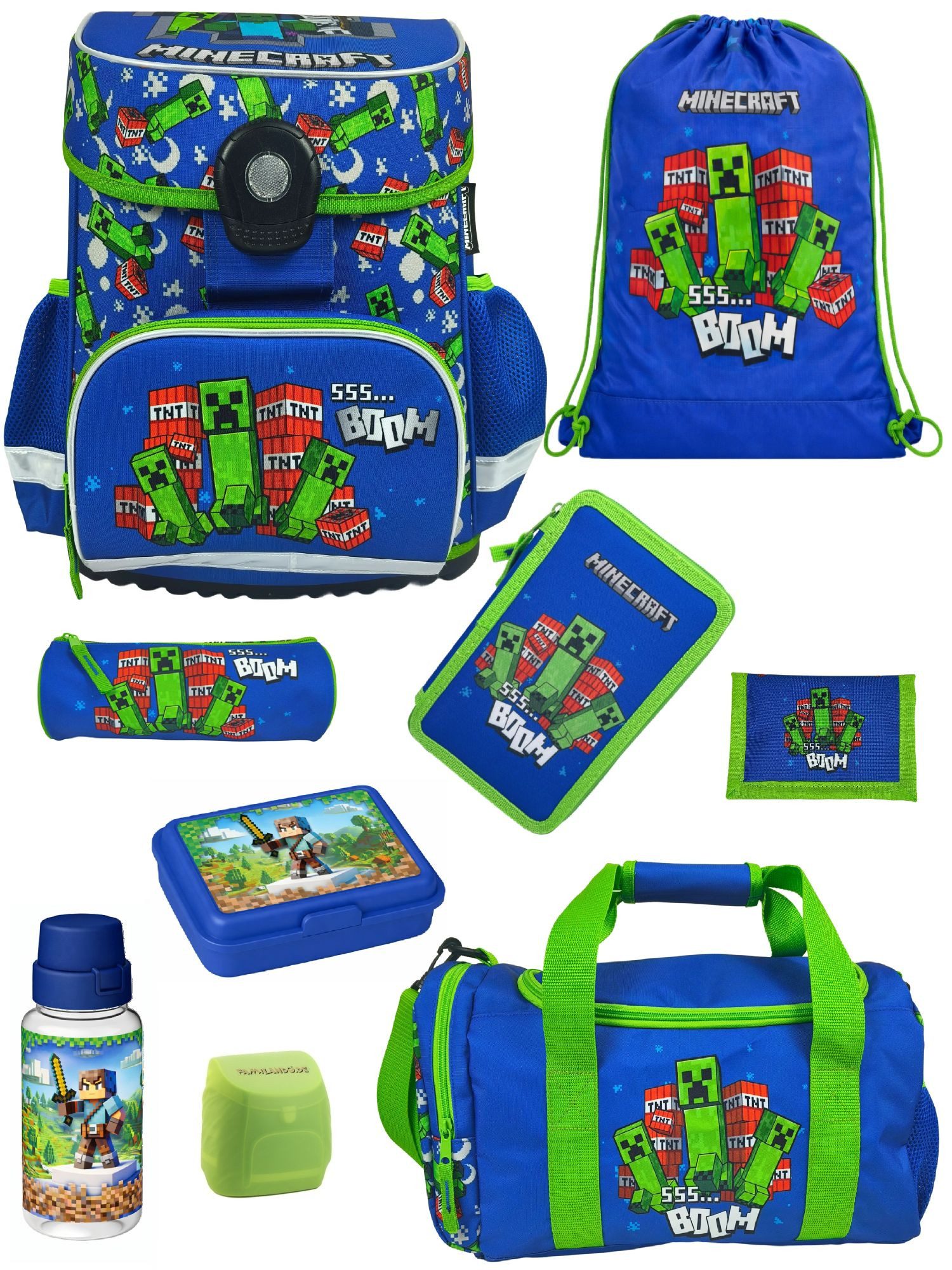 Familando Schulranzen Minecraft 1.-4. Klasse ergonomisch, geräumig, Volumen 18 Liter (Set, 9-tlg., inkl. Lunch-Set und Sporttasche), MINECRAFT Motiv blau
