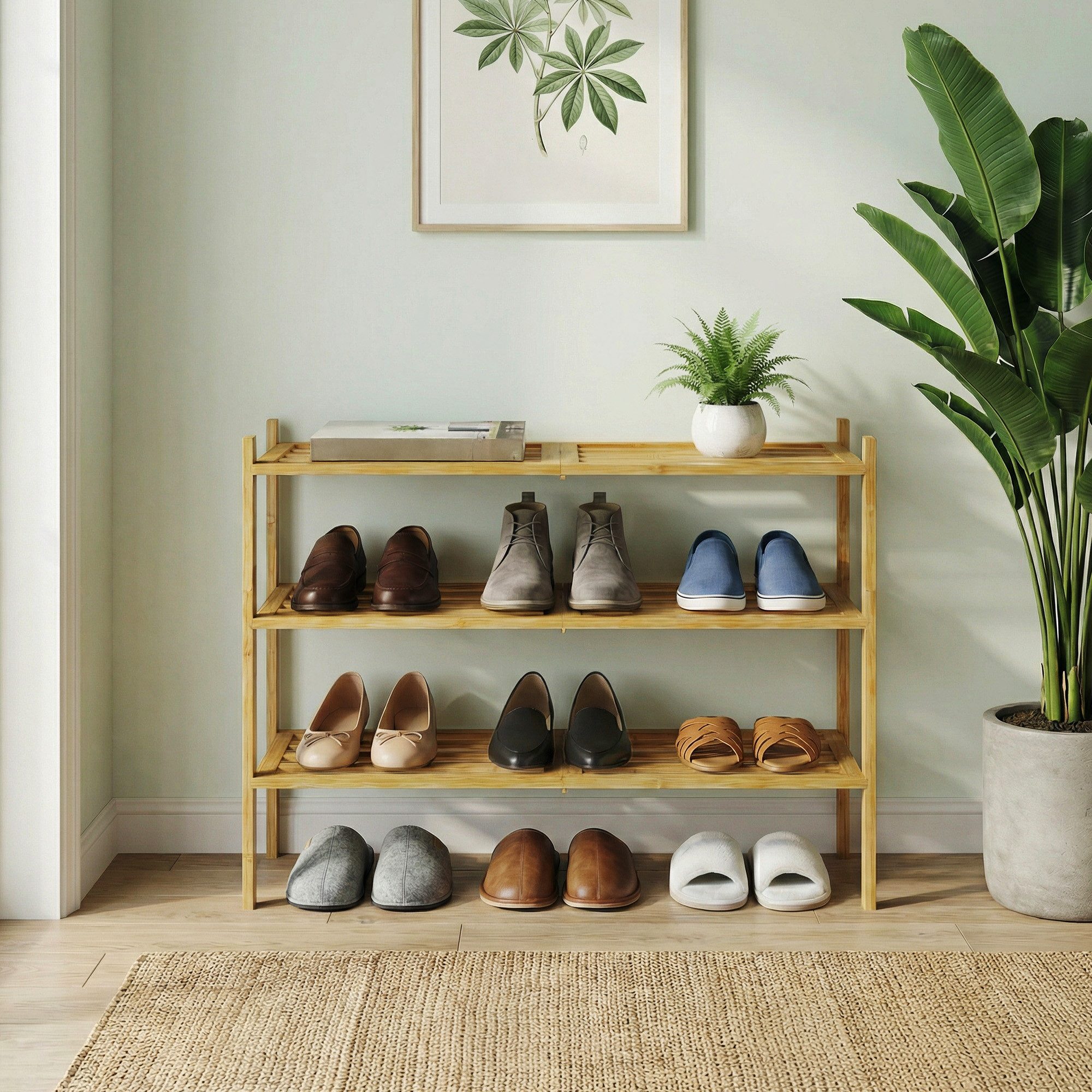 SONGMICS Schuhregal aus Bambus, Schuhablage 3 Ebenen, stapelbar, Regal für 12-16 Paar Schuhe, 25 x 70 x 51,5 cm