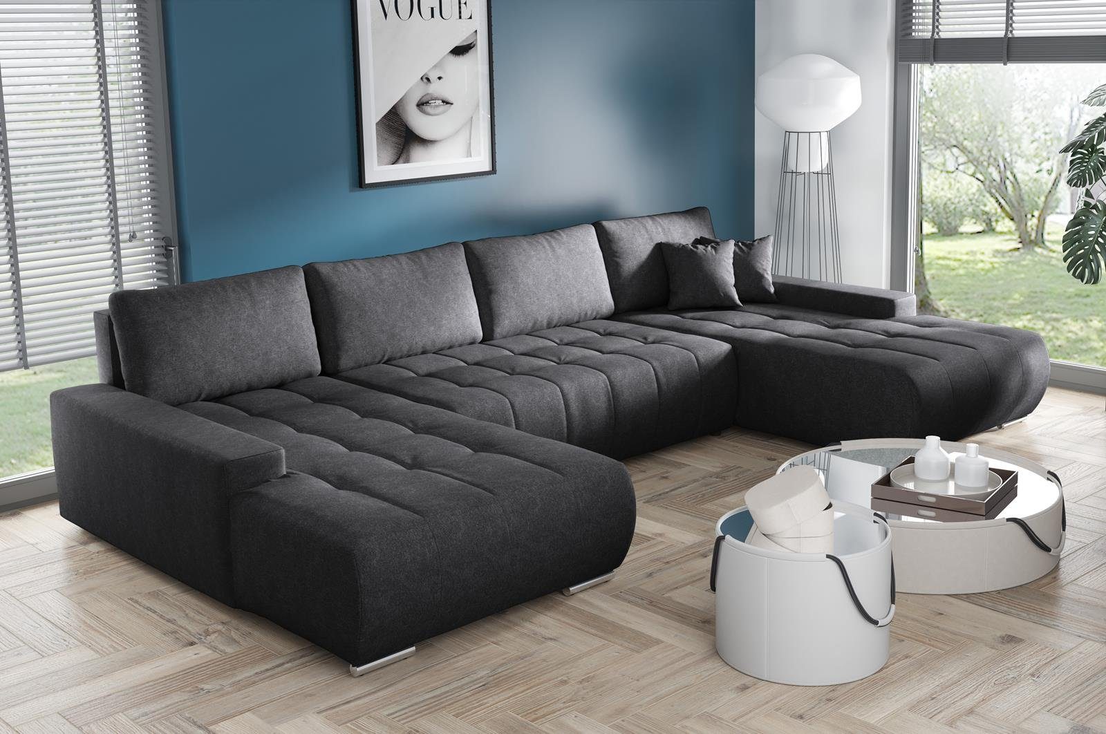 Anthrazit Beautysofa Bettkasten U Schlaffunktion DRACO Ecksofa U-förmig (aston Ecksofa Wellenfedern 18)