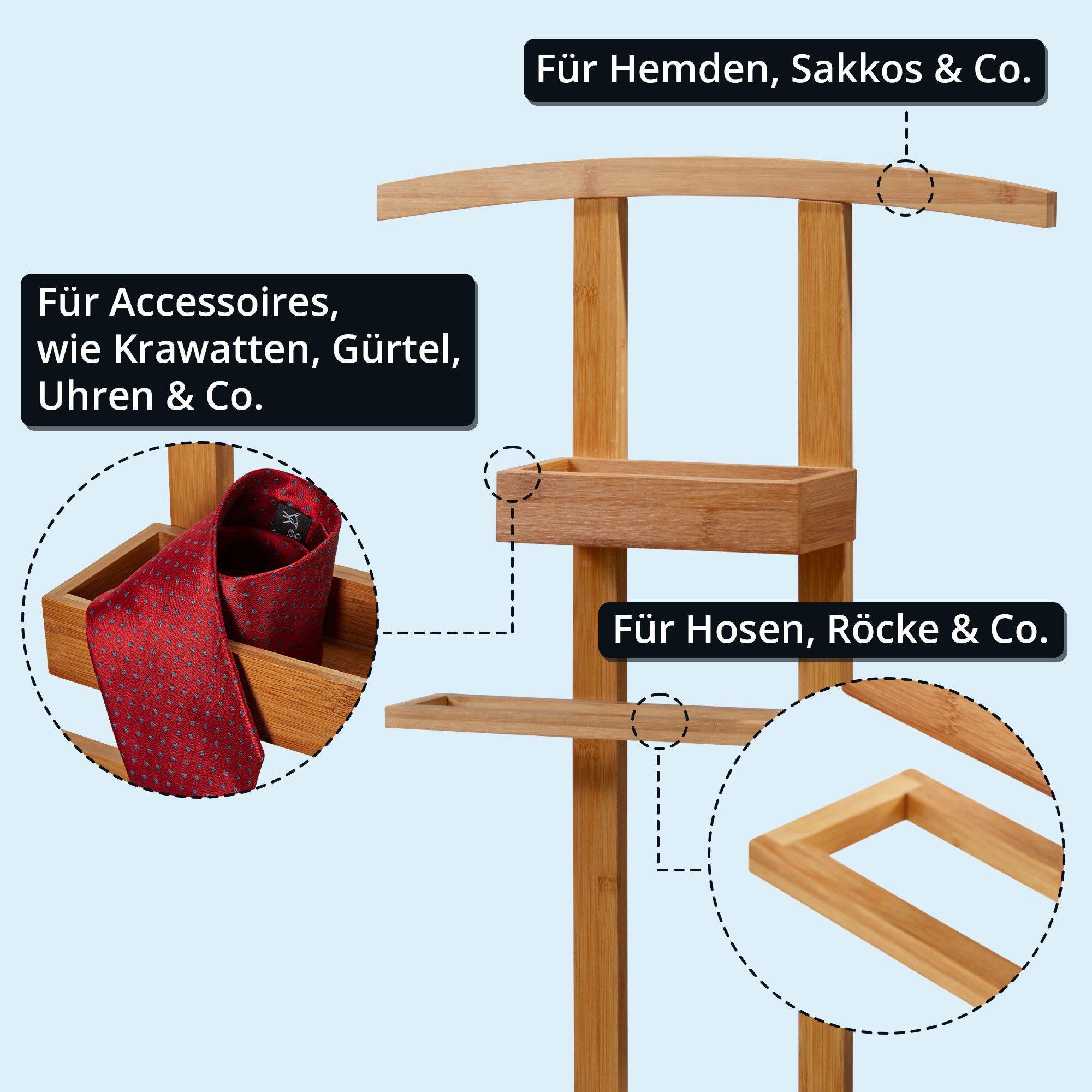 KHG Herrendiener aus Bambus Echtholz für Kleidung, (Stummer Diener, Sackohalter mit Hosenbügel sowie Accessoire-Fach) – Bild 4 von 5