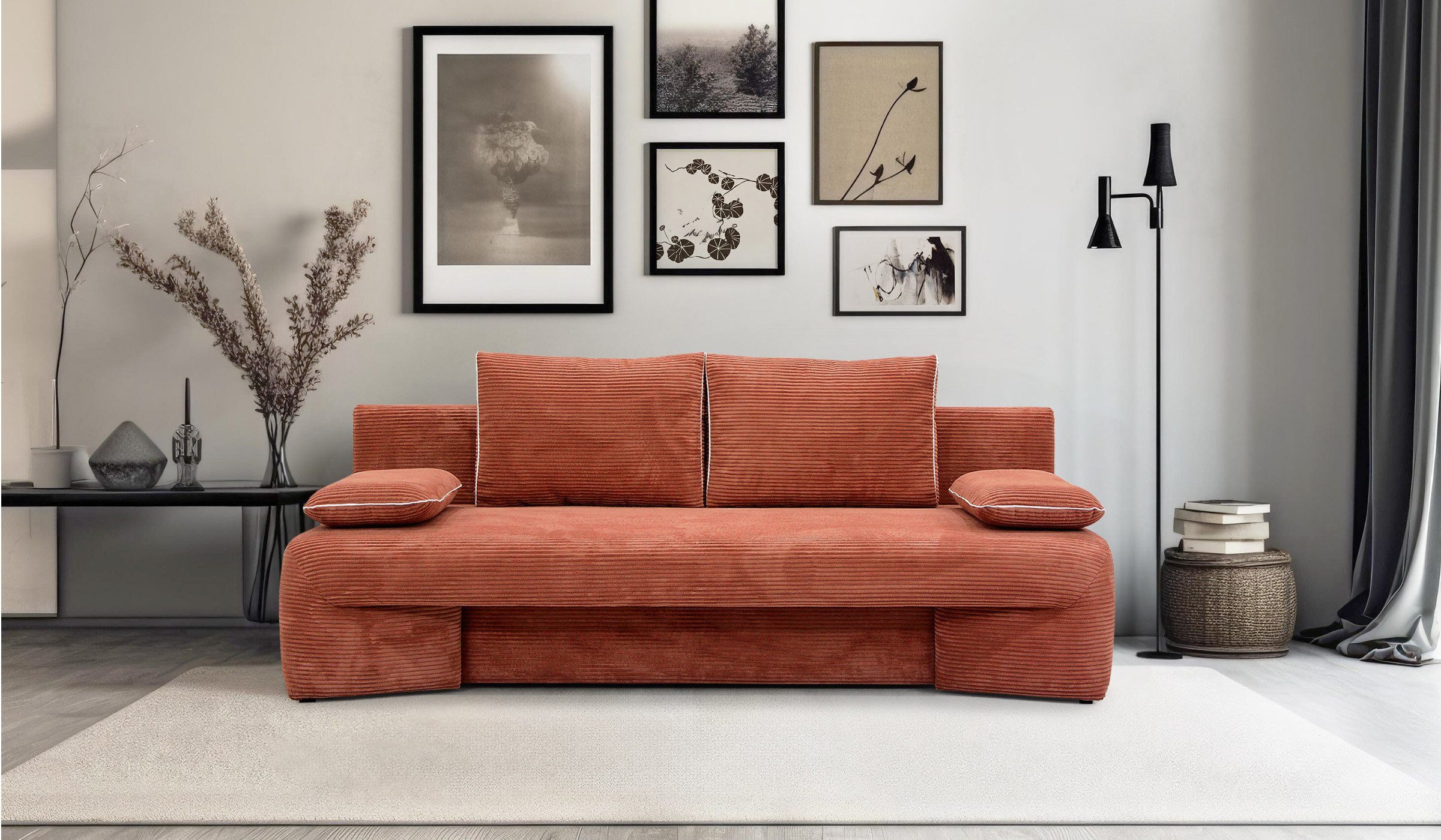 Hygger Möbelhaus Schlafsofa Erial mit Bettfunktion und Bettkasten, Liegefläche: 150 x 210 cm, Versandkostenfrei innerhalb Deutschlands, Hergestellt in Europa, Inkl. 2 Zierkissen.