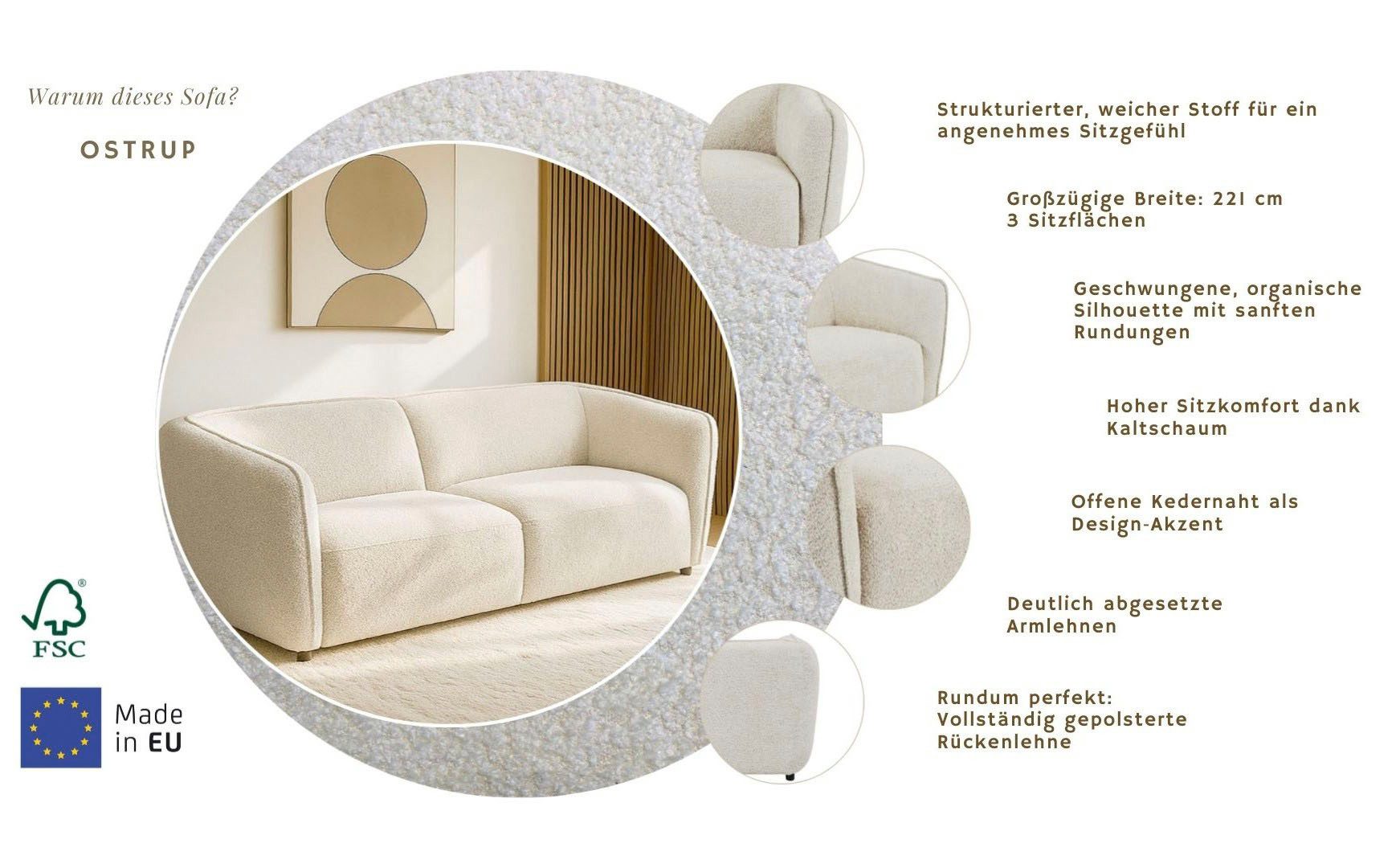 Home affaire 3-Sitzer OSTRUP, Naturtöne, Boucle, Breite 221 cm, organische Form mit sanften Rundungen
