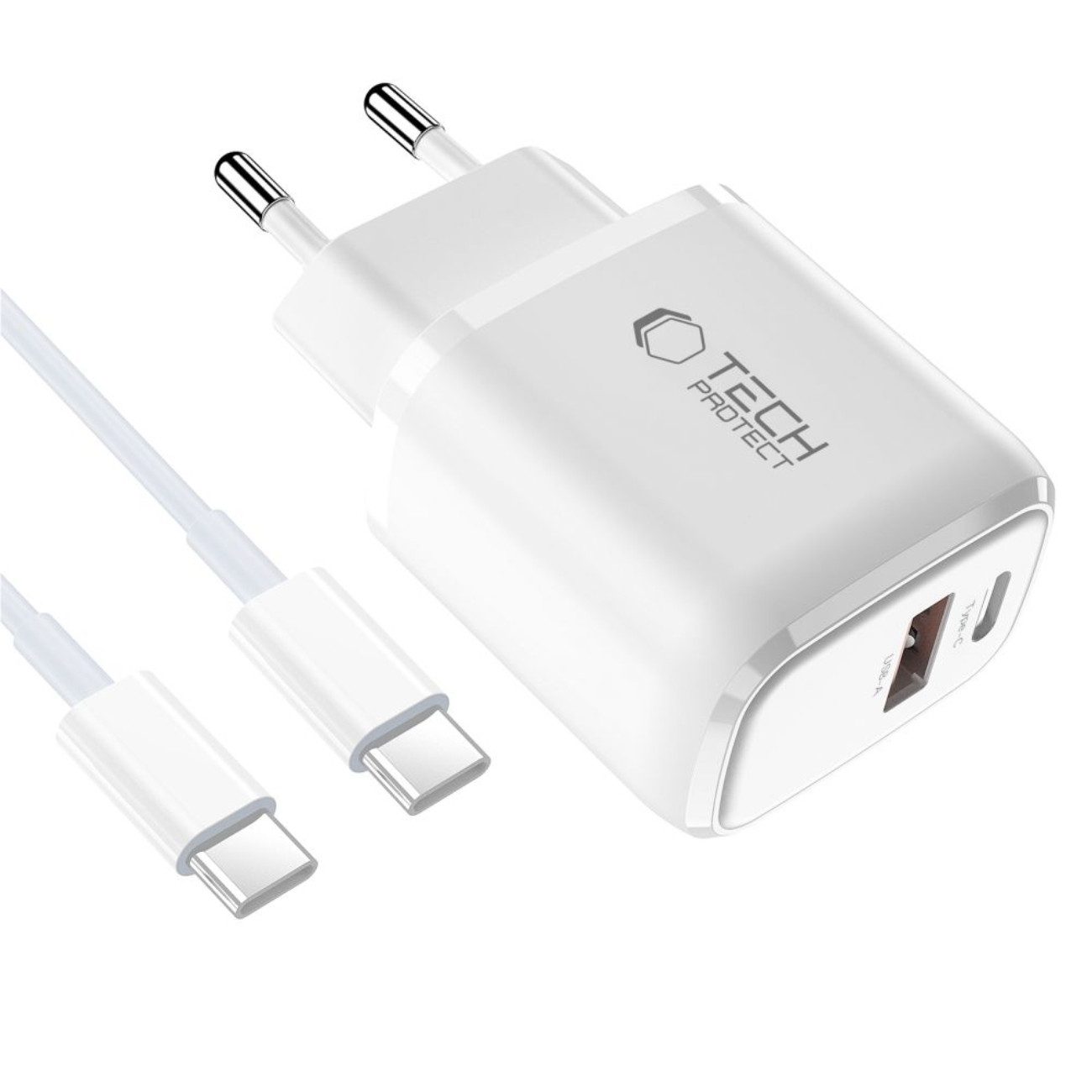 TECH PROTECT NCA30 USB-Ladegerät (3000 mA, 1 x Tech-Protect NCA30 Ladegerät, 1 x USB-C / USB-C Kabel 100 cm, 30 W Dual-Port Ladegerät mit USB-C Schnellladekabel)