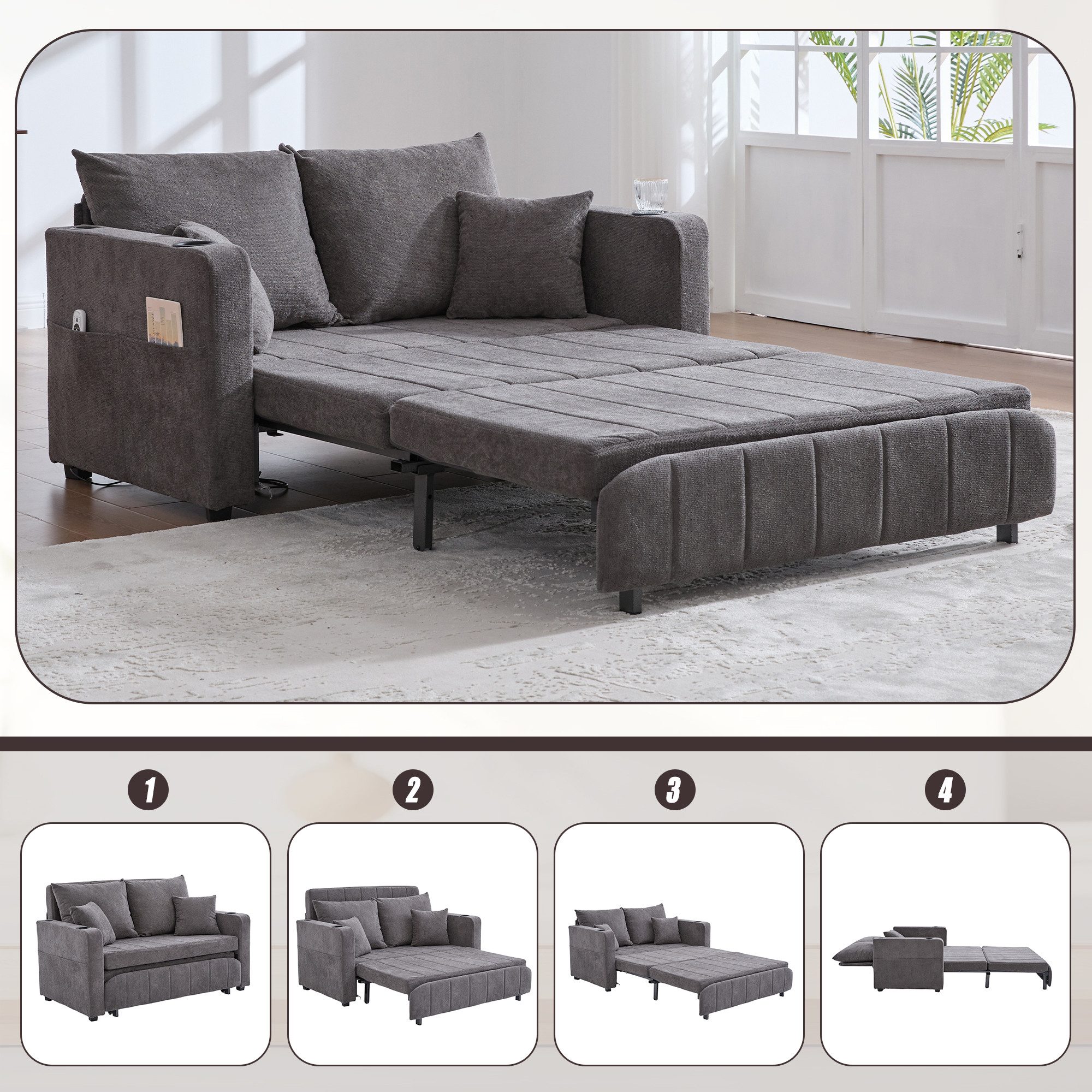 Totnz Schlafsofa 2-in-1 mit Bettfunktion, platzsparend für kleine Räume, inkl. 4 Kissen, Seitentasche, komfortable Polsterung aus Schaumstoff, für Wohnzimmer und Gästezimmer