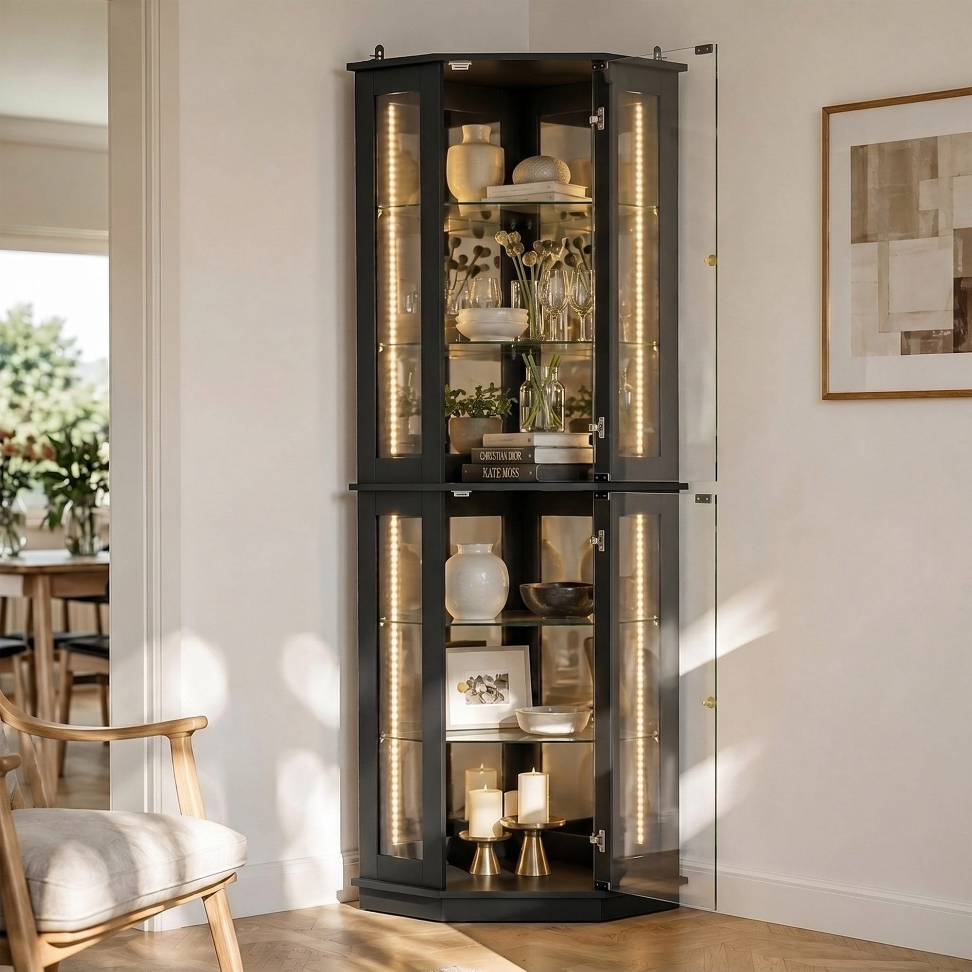 FUFU&GAGA Eckvitrine 170cm mit LED-Beleuchtung und Spiegel-Rückwand Glasvitrine, Schwarz