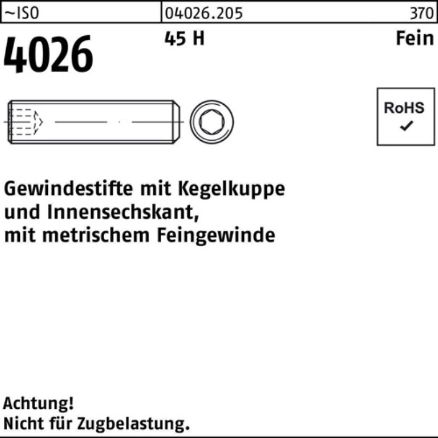 Reyher Gewindebolzen 100er Pack Gewindestift ISO 4026 Kegelkuppe/Innen-6kt M24x 1,5x 30 45