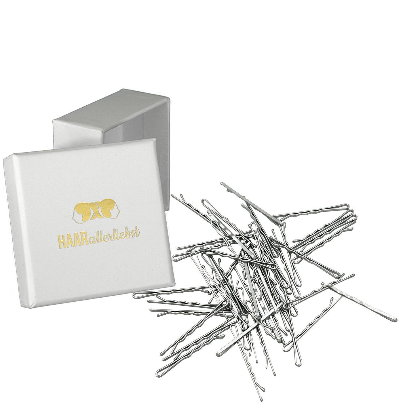 HAARallerliebst Haarpin Bobby Pins gedreht, Spar-Set, Farbe silber schimmernd, 50mm Lang