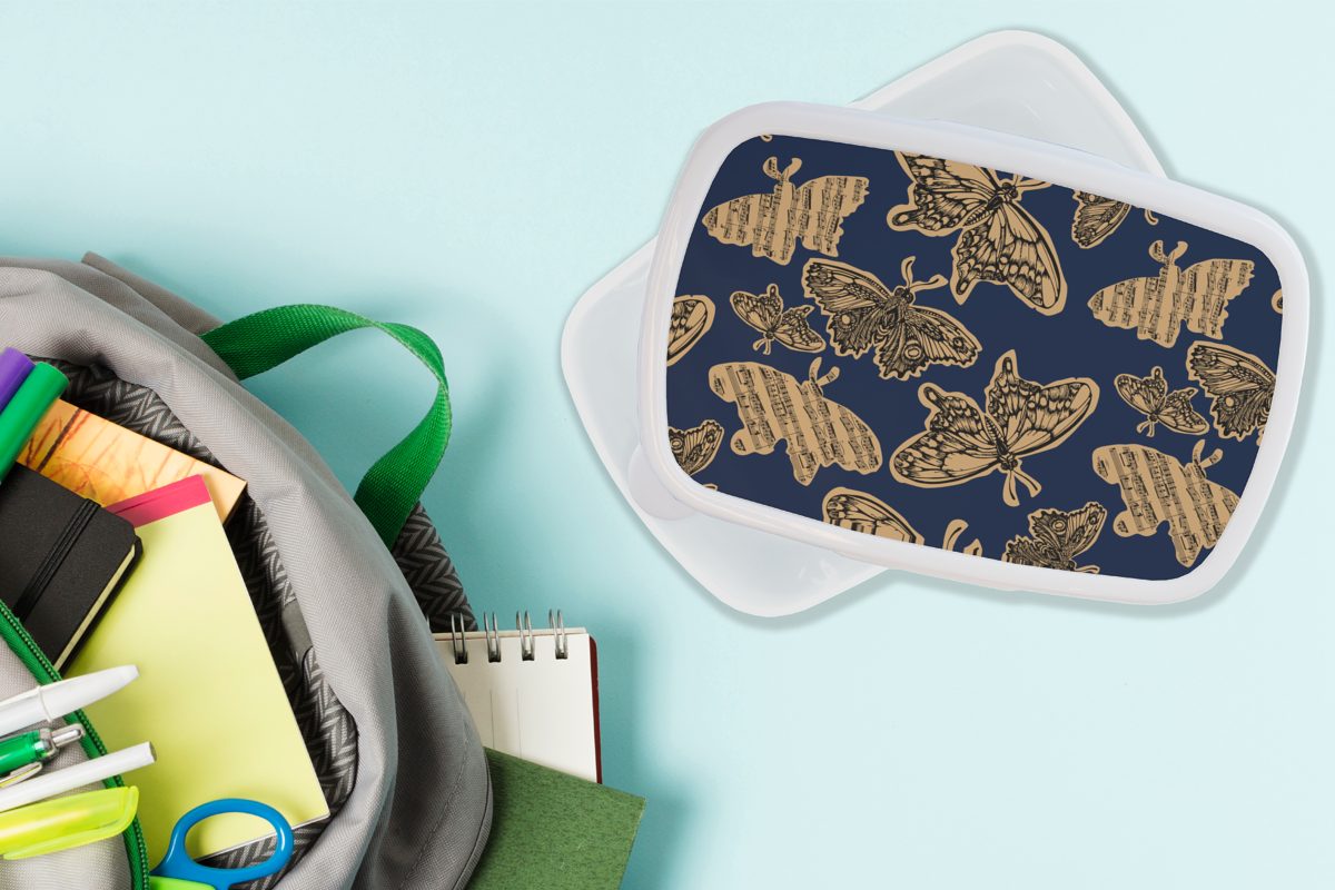 Kinder und Muster Schmetterlinge, Brotbox MuchoWow für - Erwachsene, (2-tlg), Brotdose, Lunchbox Musik - weiß für Mädchen Jungs und Kunststoff,
