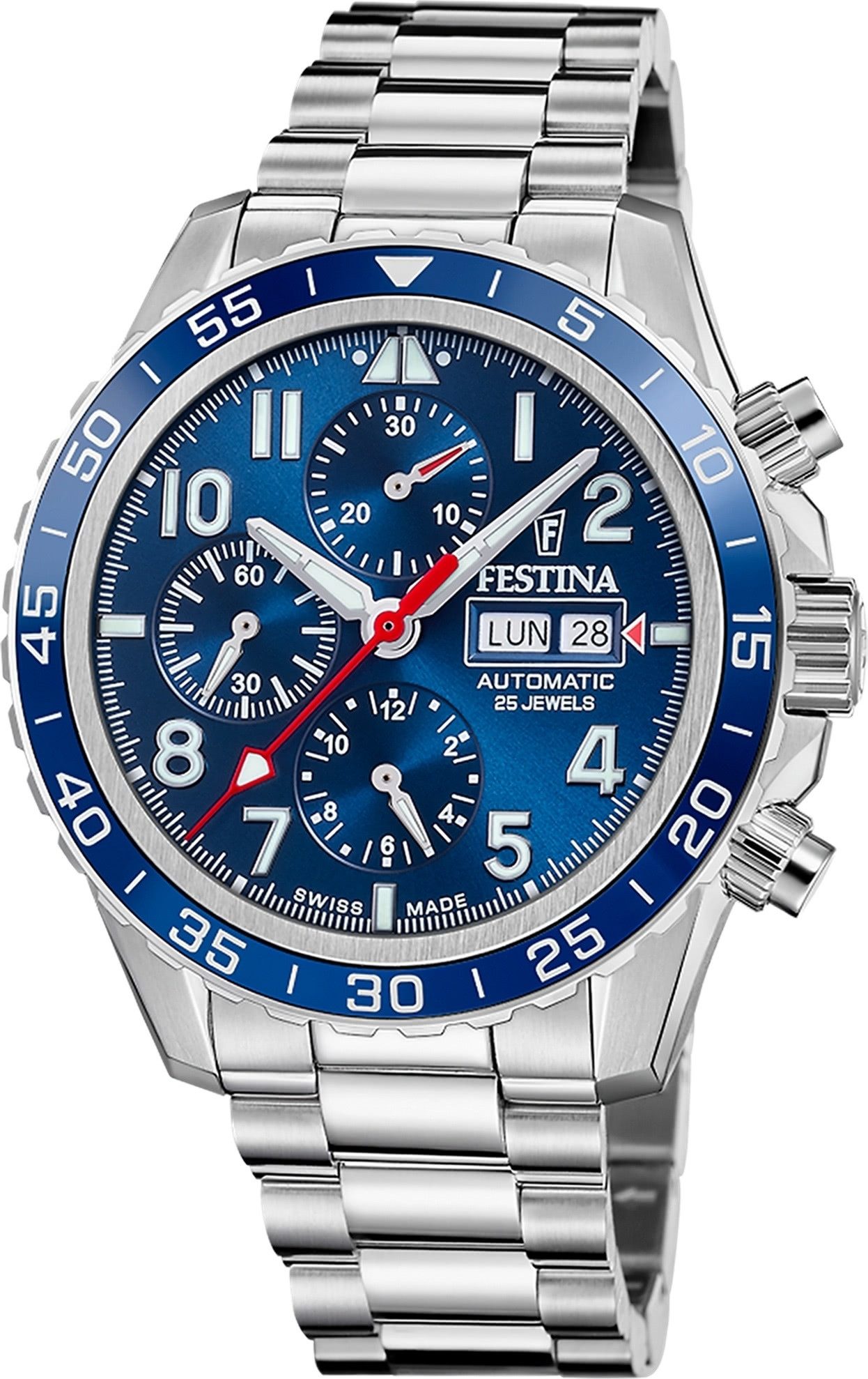 Festina Multifunktionsuhr Festina Herrenuhr Swiss Made Armbanduhr, (Multifunktionsuhr), Herren Armbanduhr rund, Edelstahlarmband silber, Elegant