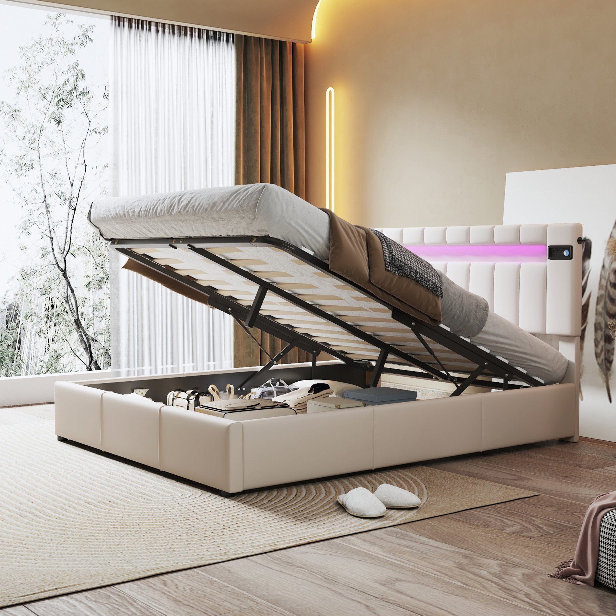 Polsterbett (140x200 cm Doppelbett, mit LED Beleuchtung, Bluetooth-Player und USB-Aufladung), hydraulisches Bett Funktionsbett inkl. Bettkasten und Lattenrost, Samt