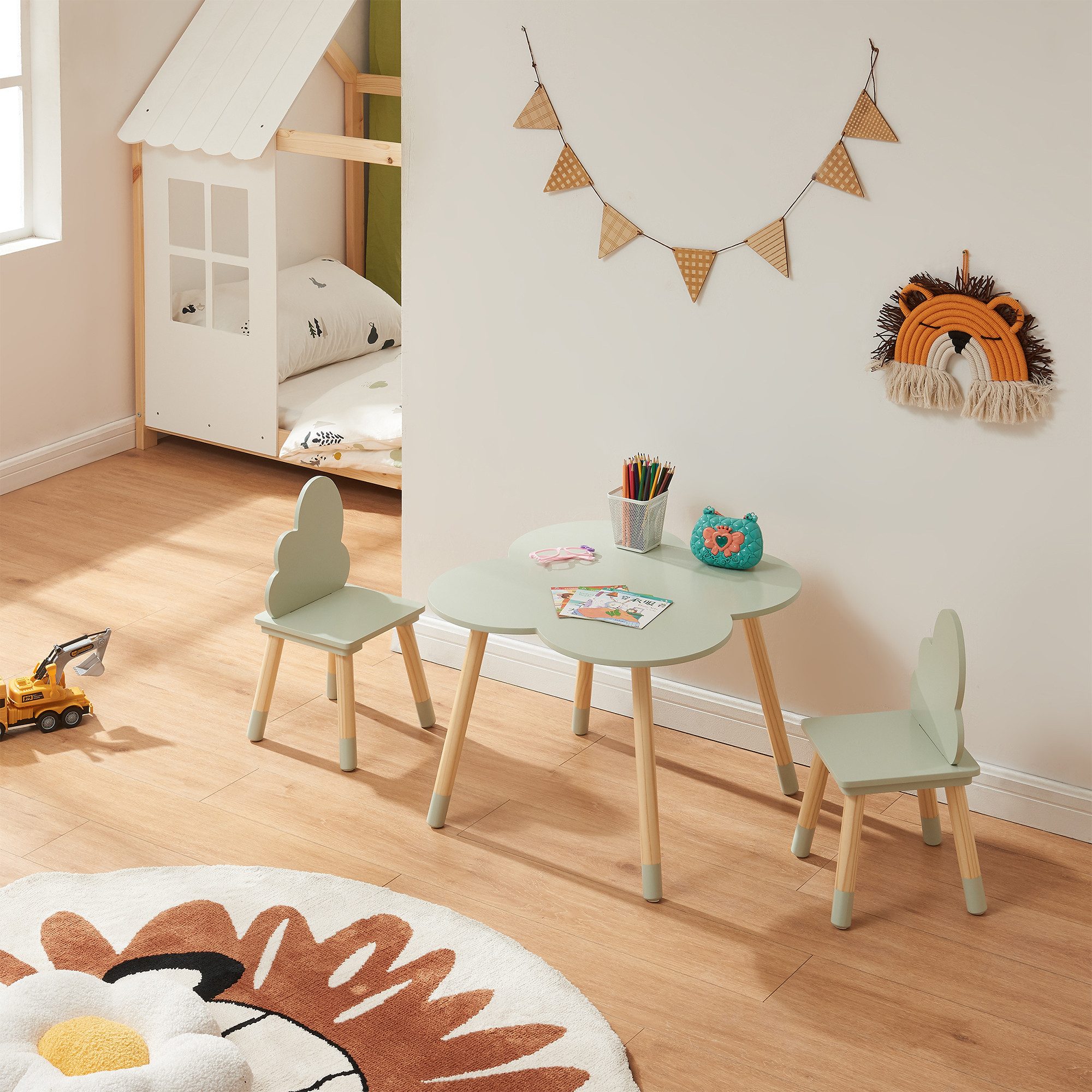 en.casa Kindersitzgruppe, (3-tlg., Tisch mit 2 Stühlen), »Epim« Kindertischset Wolkendesign Mintgrün