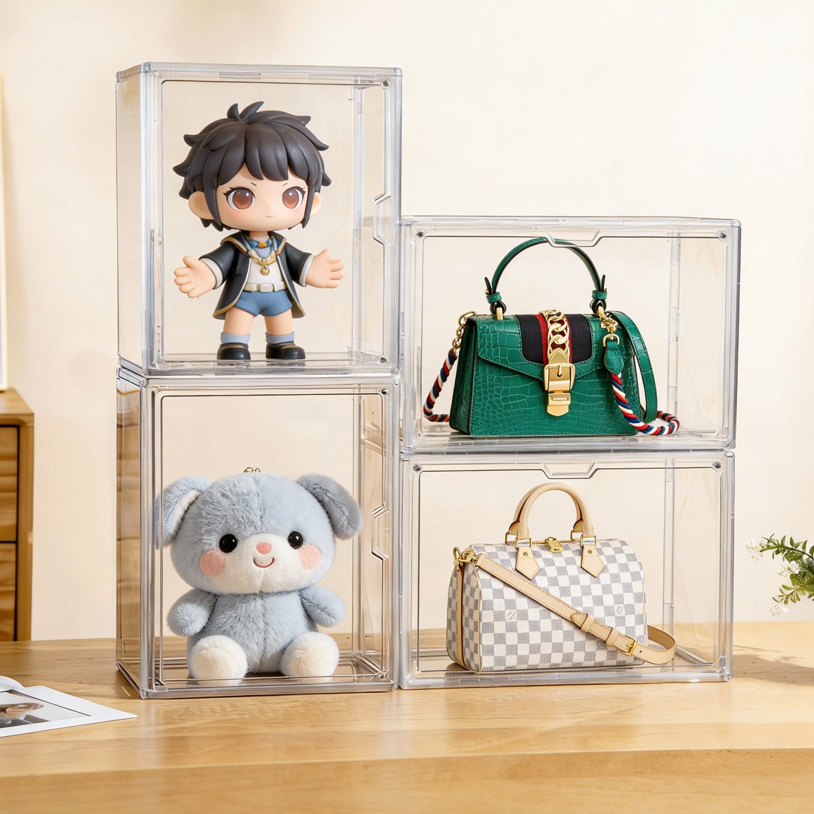 XERSEK Aufbewahrungsbox Acryl-Vitrine Magnettür Displaybox Organizer Schaukasten Schuhboxen (Set, 4 St., 36x22x27cm Stapelfähig), für Figuren, Handtaschen, Spielzeug, Handwerk, Bücher
