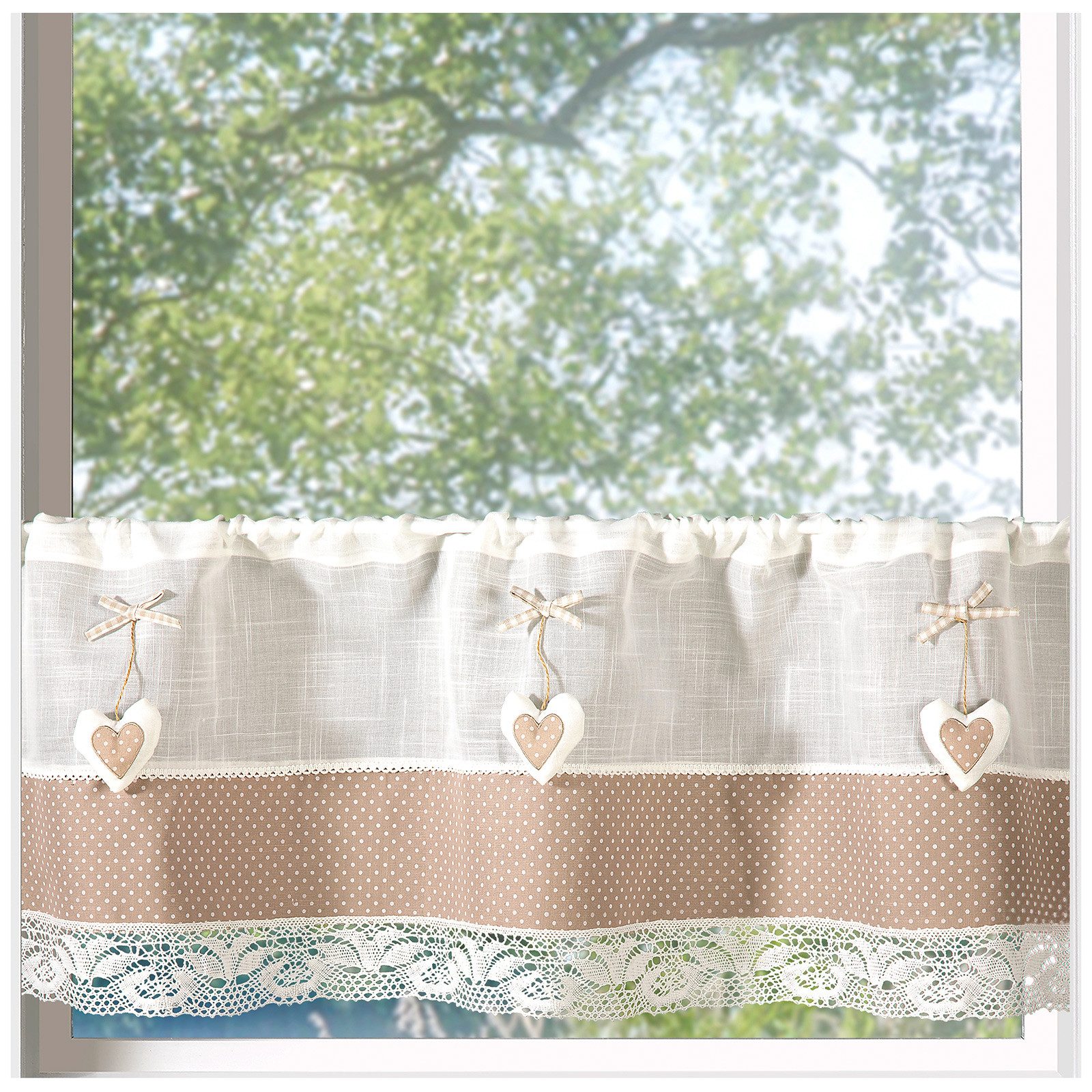 heimtexland Scheibengardine Landhaus Gardine Leinen-Optik mit Herz-Anhänger (1 St), Stangendurchzug, halbtransparent, Polyester, Halbtransparent I Stabtunnel I Küche I Bistro