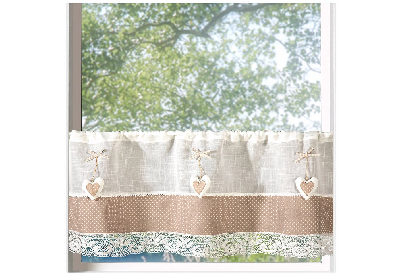 heimtexland Scheibengardine Landhaus Gardine Leinen-Optik mit Herz-Anhänger (1 St), Stangendurchzug, halbtransparent, Polyester, Halbtransparent I Stabtunnel I Küche I Bistro