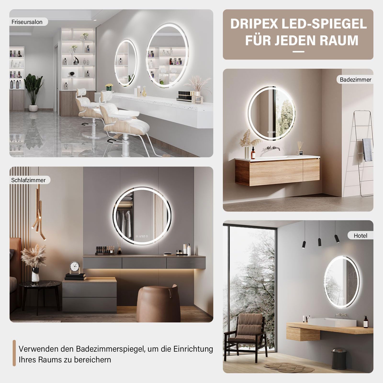 Dripex Badspiegel Rund Badezimmerspiegel LED mit UHR / Bluetooth-Lautsprecher, Dimmbar, 3 Lichtfarbe Einstellbar, Beschlagfrei – Bild 5 von 5