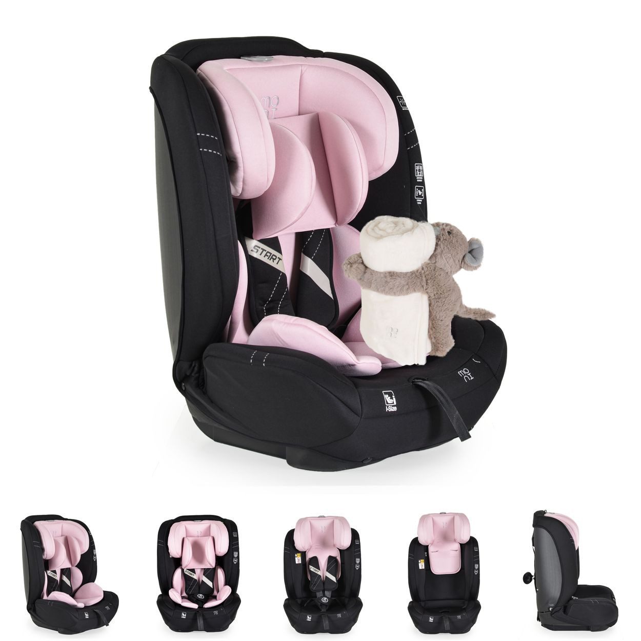 Moni Autokindersitz Kindersitz i-Size Start, ab: 1.25, bis: 12, (76-150cm) Kopfstütze verstellbar, Kuscheltier