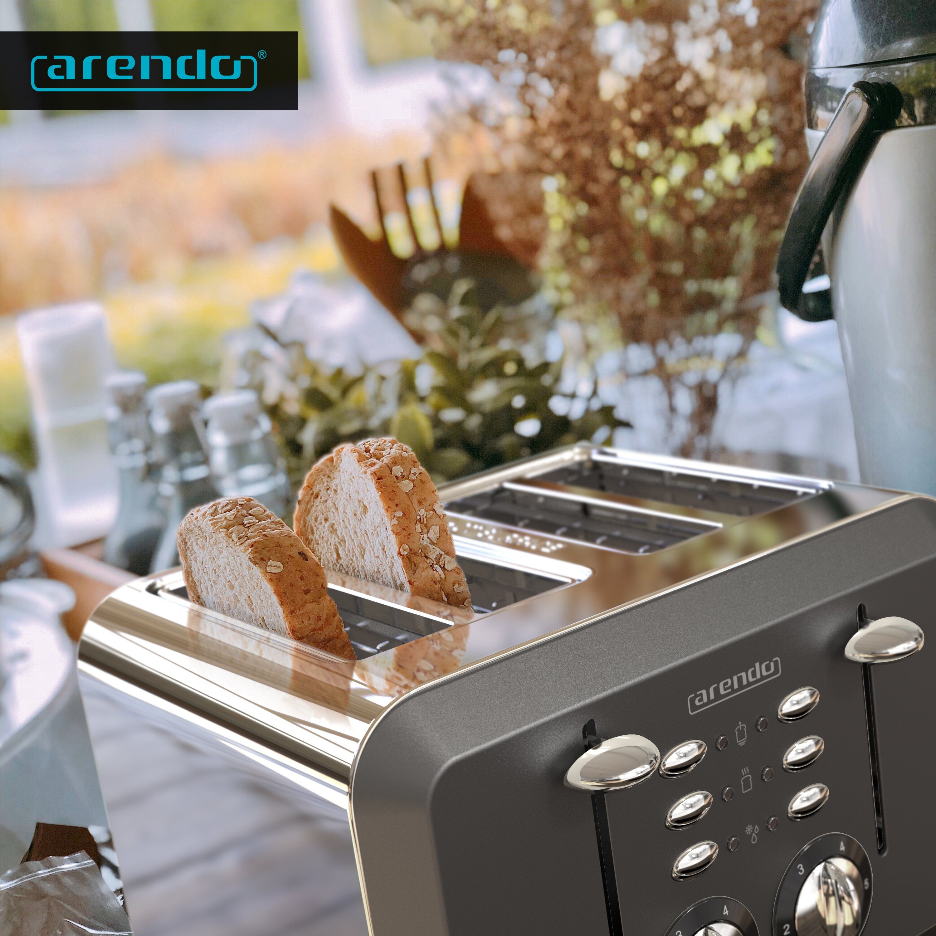 Arendo Toaster, 4 kurze Schlitze, 1630 W, für Edelstahl, Scheiben, Doppelwandgehäuse Automatik, 4 grau Wärmeisolierendes