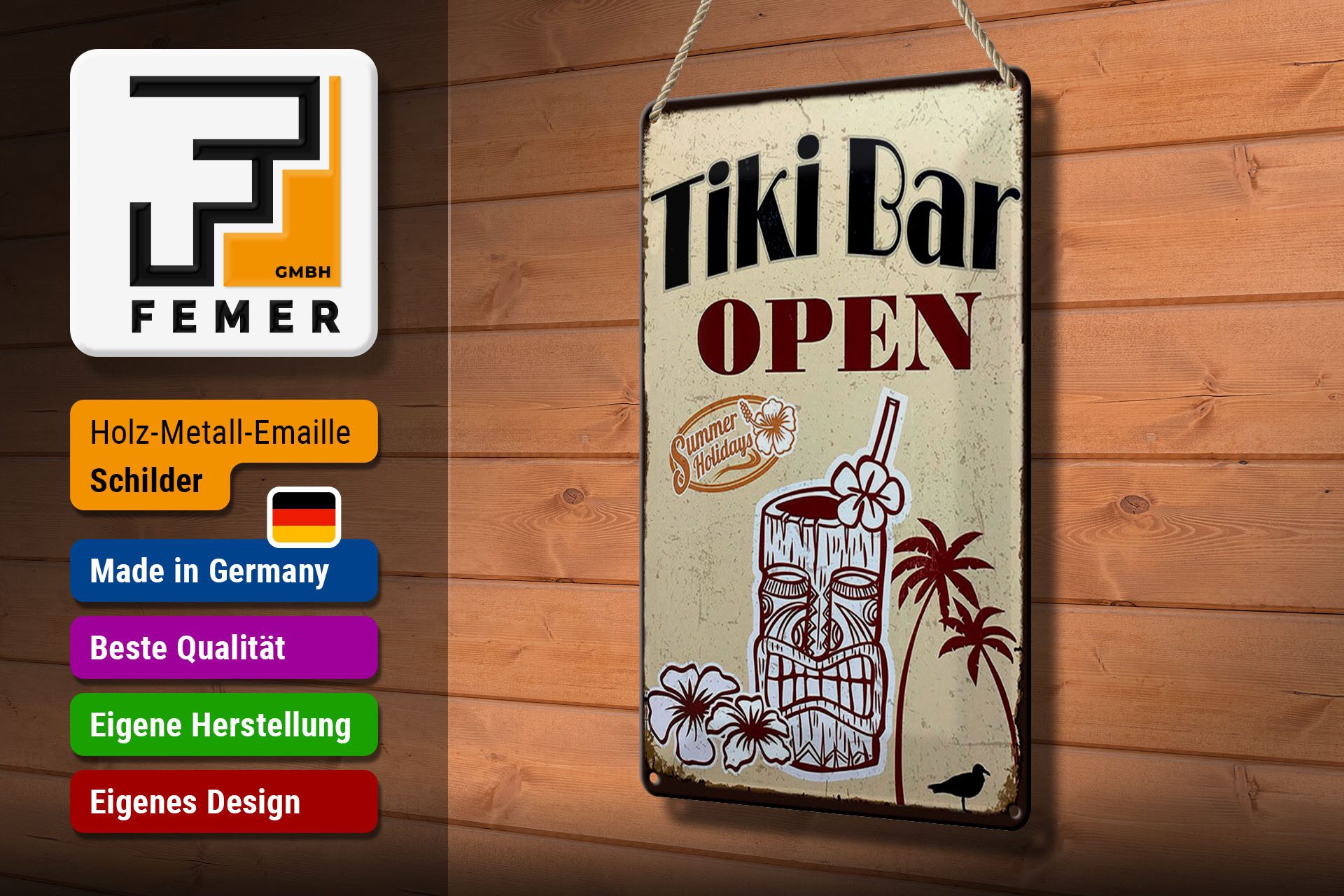 Femer GmbH Metallbild Reklame 20x30 cm Tiki Bar open