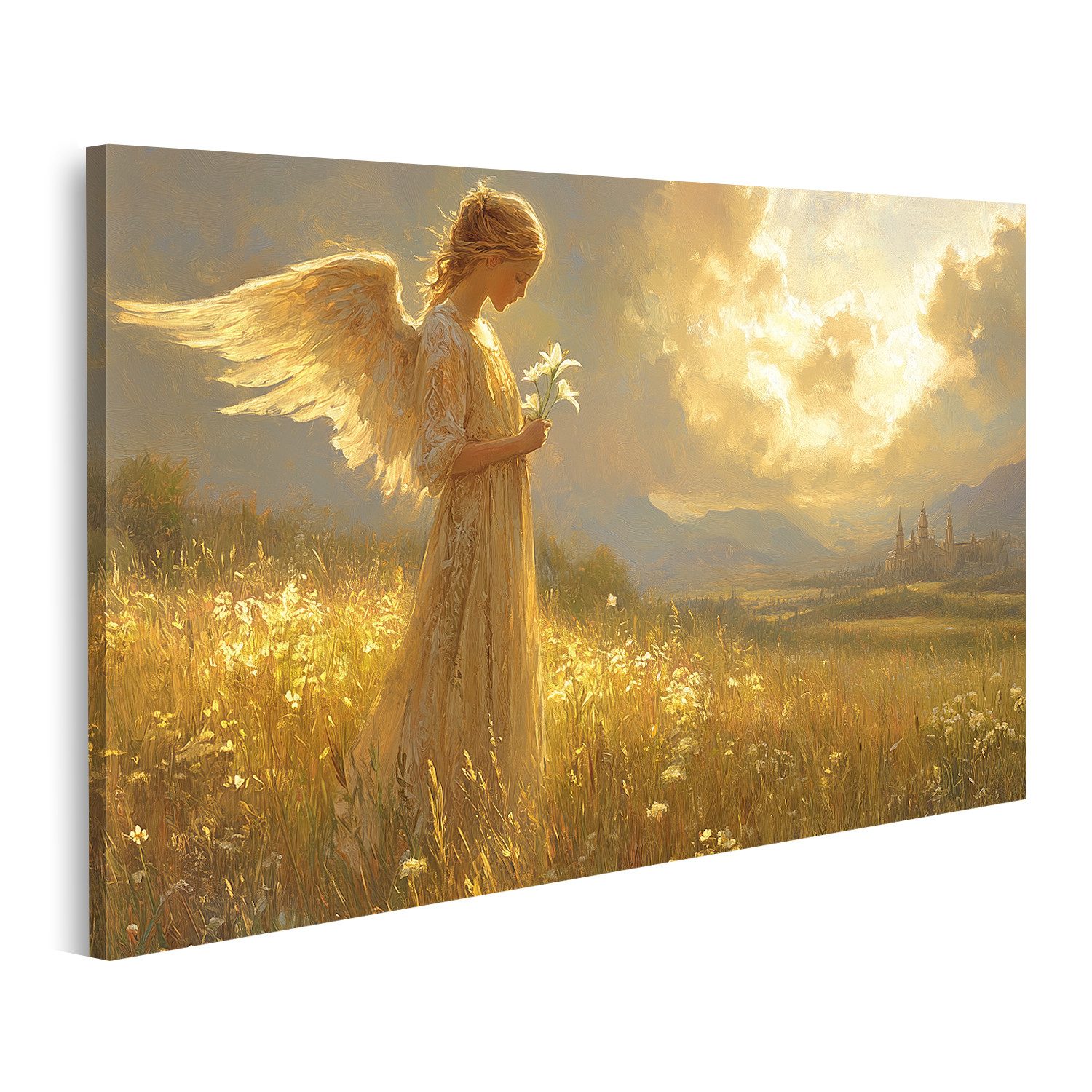 islandburner Leinwandbild Ein Engel in einem goldenen Feld bei Sonnenuntergang