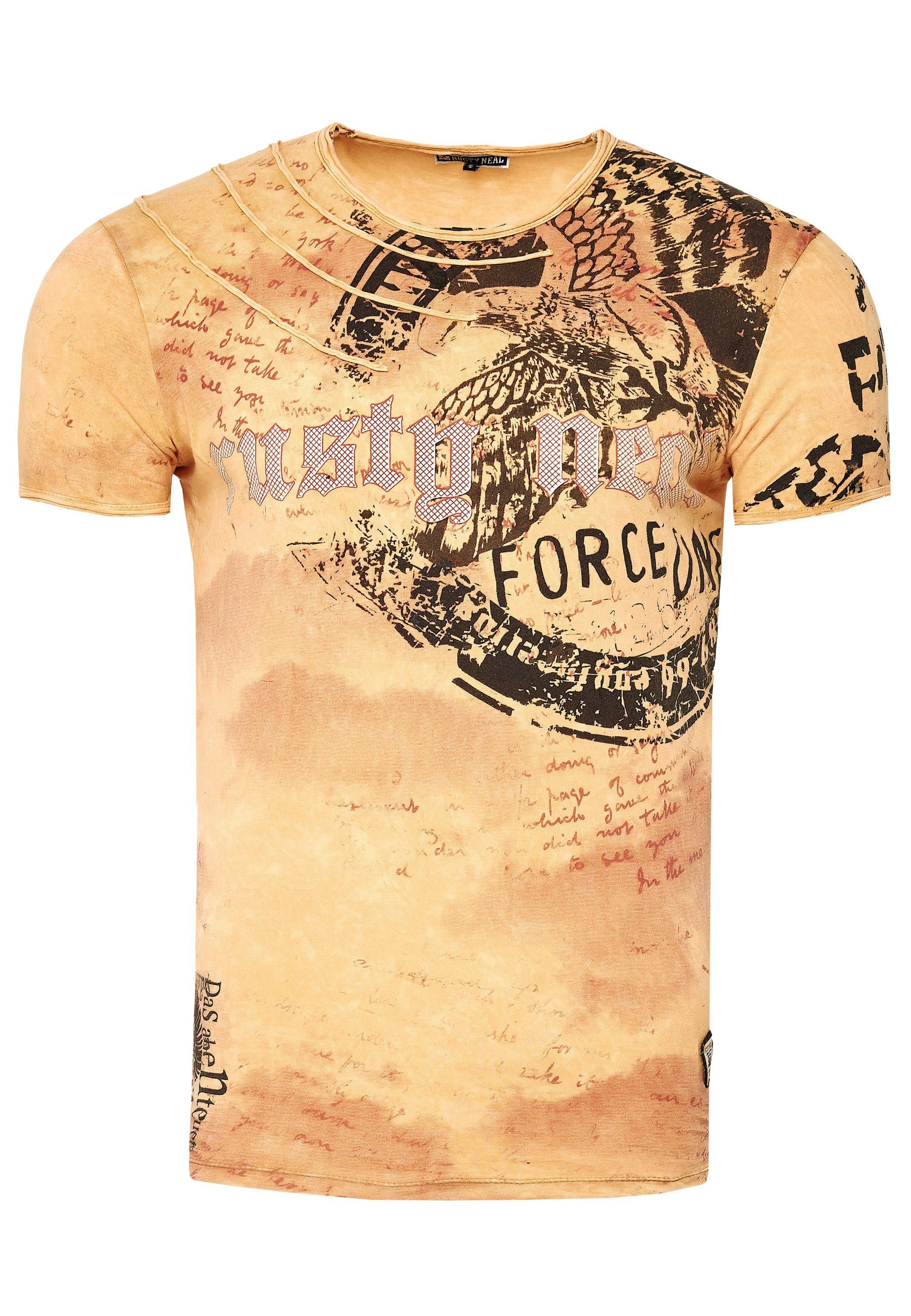 Neal camelfarben mit eindrucksvollem Print T-Shirt Rusty