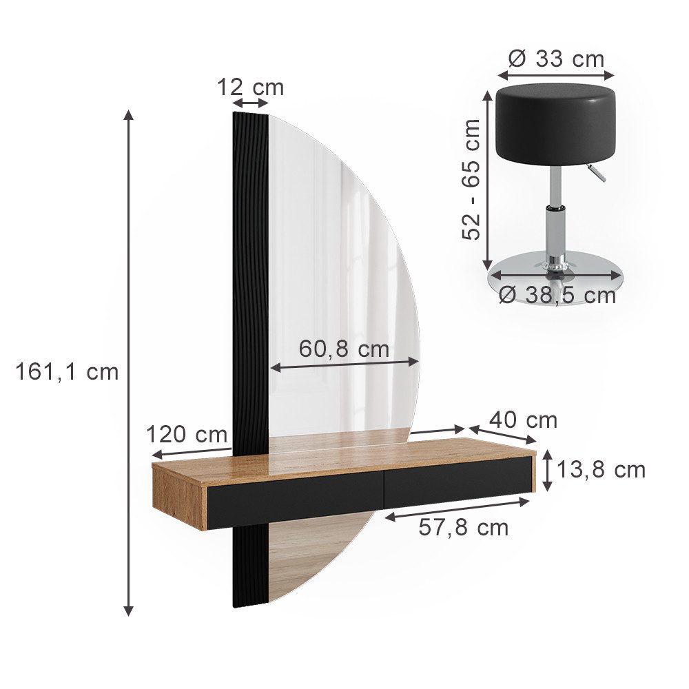 Vicco Schminktisch Melisa, Eiche/Schwarz, 120 cm mit Beleuchtung und Hocker (2-St)