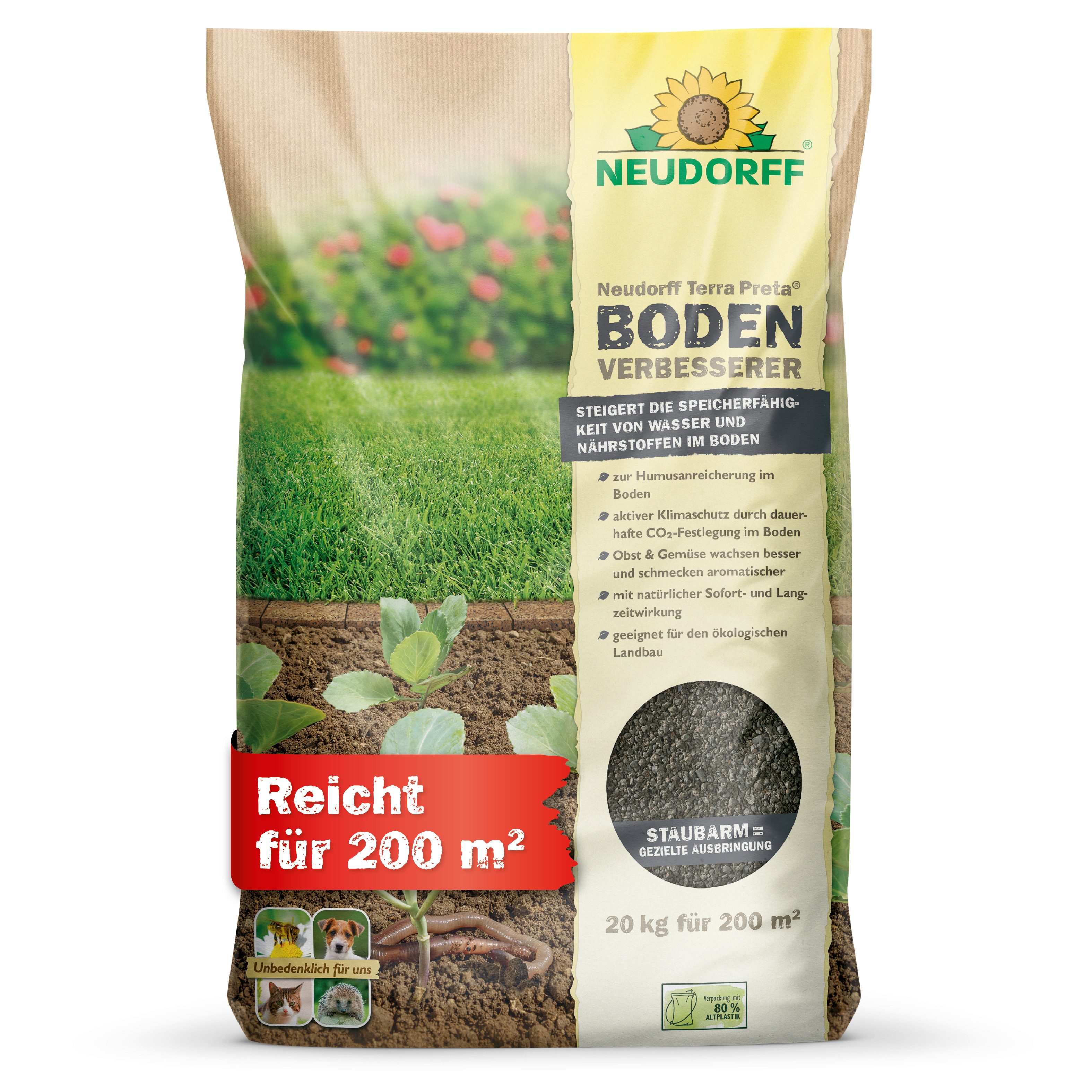 Neudorff Bodenverbesserer Terra Preta BodenVerbesserer 20 kg, Belebt & regeneriert beanspruchte Gartenböden, Für Humusaufbau, Bodenstruktur & Wasserspeicherung bis 200 m², Mit Pflanzenkohle & Mikroorganismen für den Humusaufbau