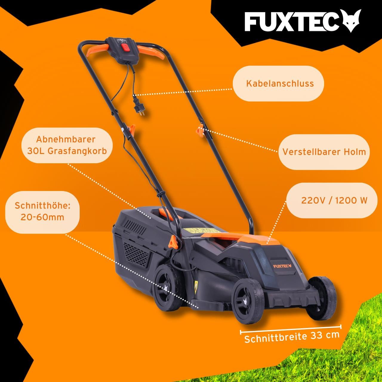 FUXTEC electric lawnmower FX-RME33, 33 cm cutting width, 30 L grass catcher, 220 V