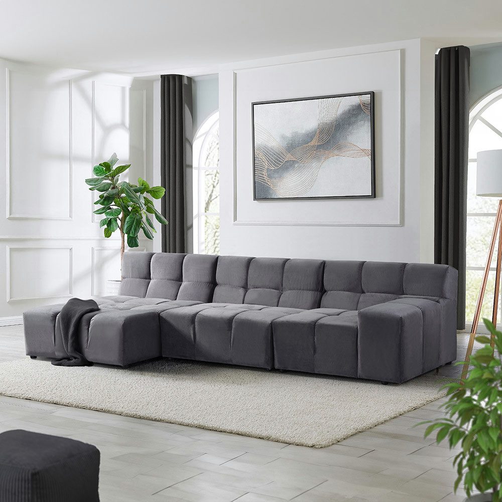 HOME DELUXE Sofa ORLENA - 306 x 75 x 148 cm, 1 Teile, Links Anthrazit, Ecksofa, Samtstoff, Samtsofa, Modulsofa