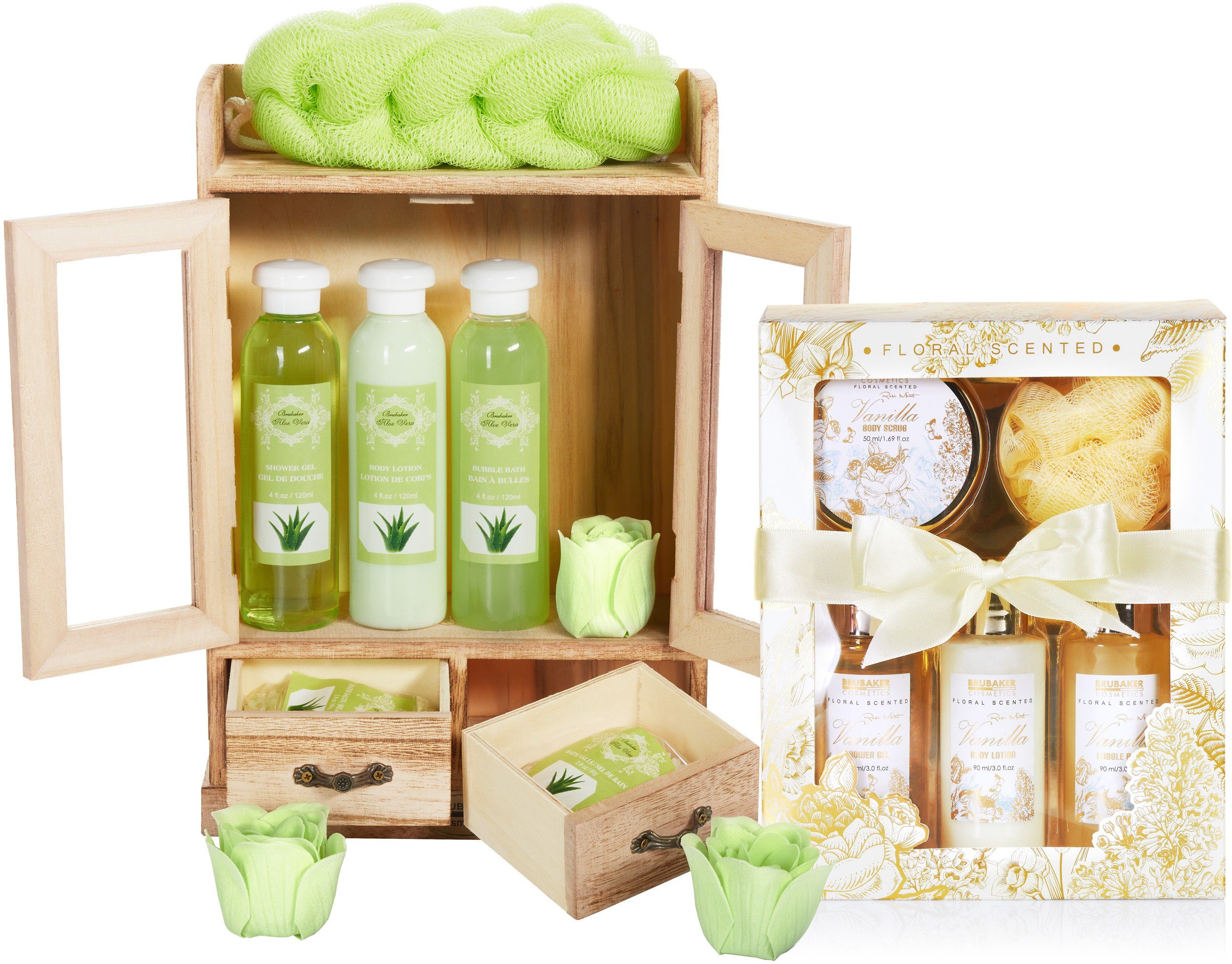 BRUBAKER Pflege-Geschenkset 2 in 1 Pflegeset Aloe Vera & Vanilla Rose Minze - Wellness Set, 15-tlg., Damen Dusch- und Badeset - Frauen Beauty Geschenkset mit Dekoration